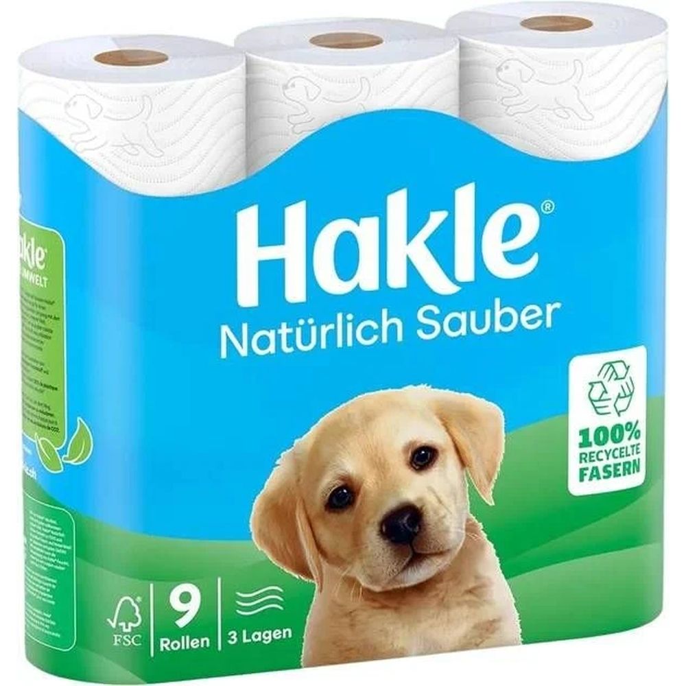 Papier toilette Hakle, 9 rouleaux, 3 plis, avec motif de chien et label FSC.