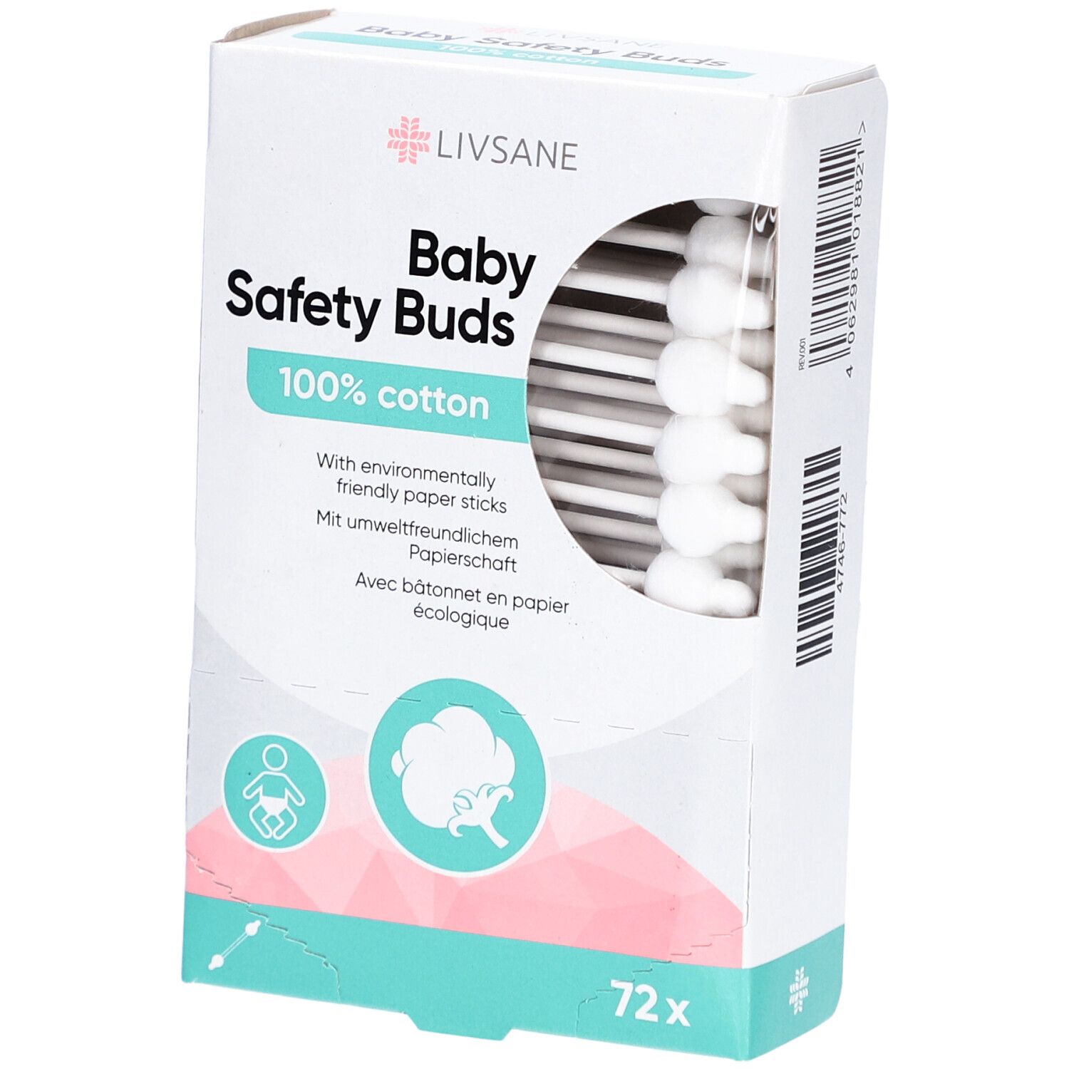 Boîte de LIVSANE Baby Safety Buds. 72 cotons-tiges, 100% coton. Cotons-tiges blancs visibles.