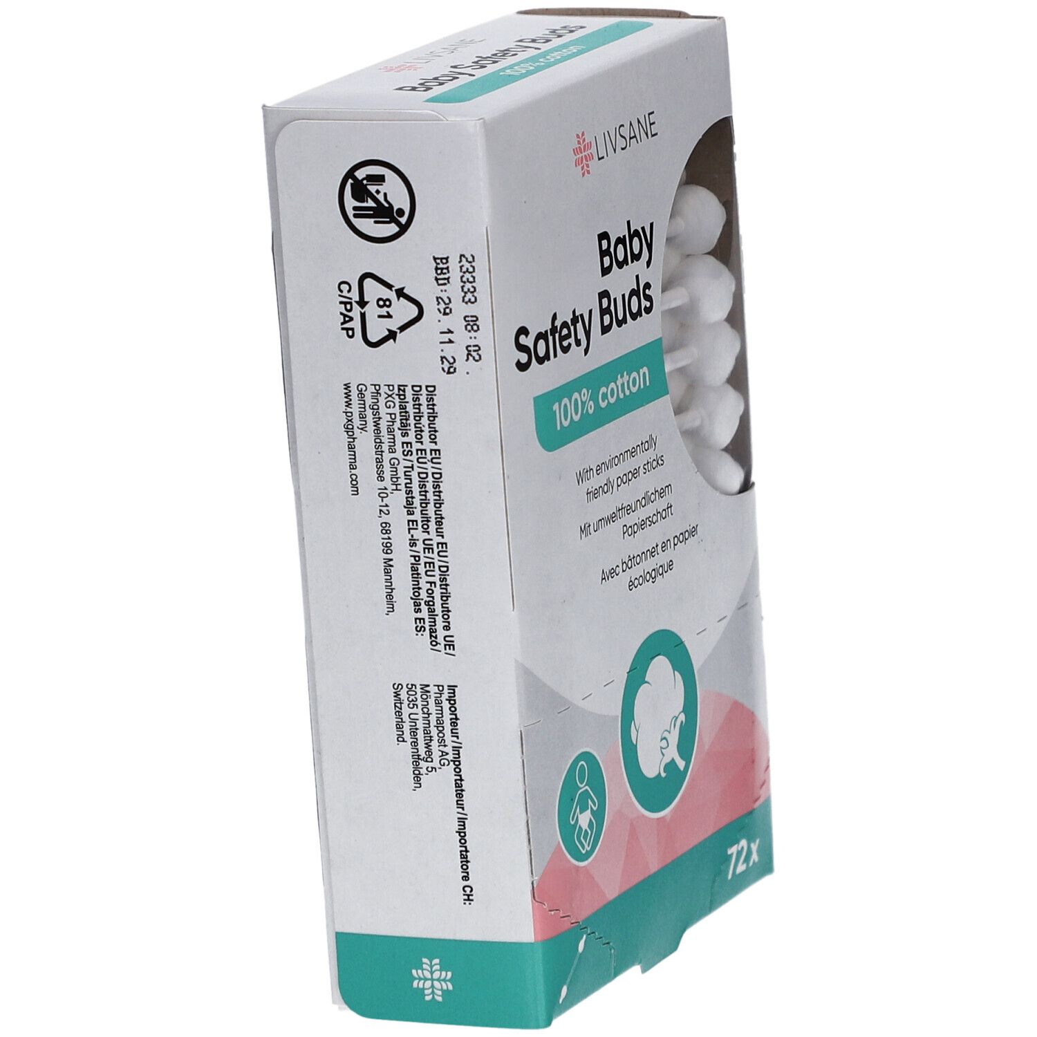 Vue en biais de la boîte LIVSANE Baby Safety Buds. Texte: Baby Safety Buds, 100% coton. 72 pièces. Symbole de recyclage.