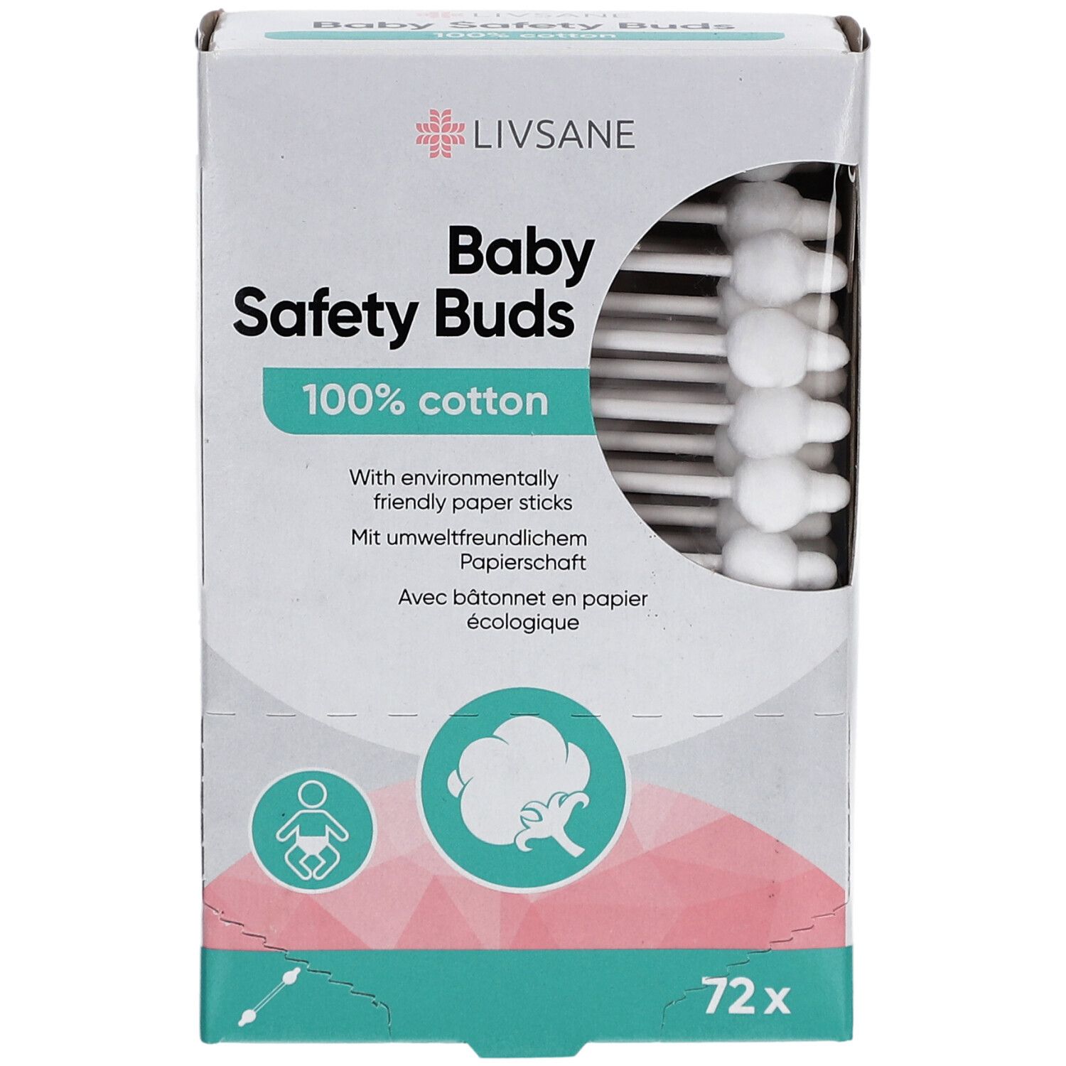 Boîte de LIVSANE Baby Safety Buds. 72 cotons-tiges, 100% coton. Cotons-tiges blancs visibles.