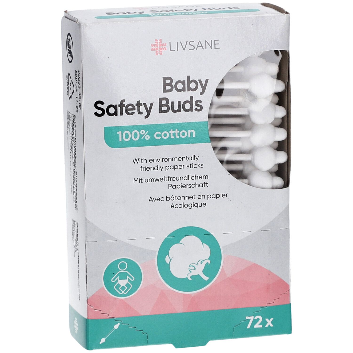 Boîte de LIVSANE Baby Safety Buds. 72 cotons-tiges, 100% coton. Cotons-tiges blancs visibles.
