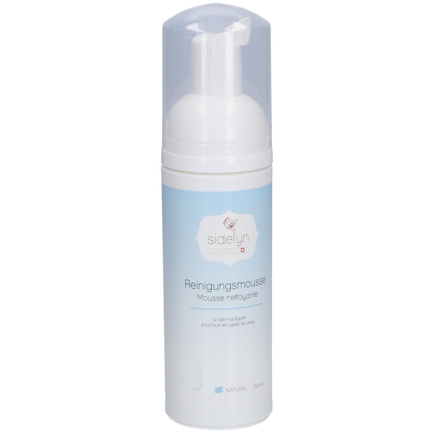 Flacon blanc avec pompe et bouchon transparent. Inscription : SIDEFYN Mousse nettoyante. Bande bleue.