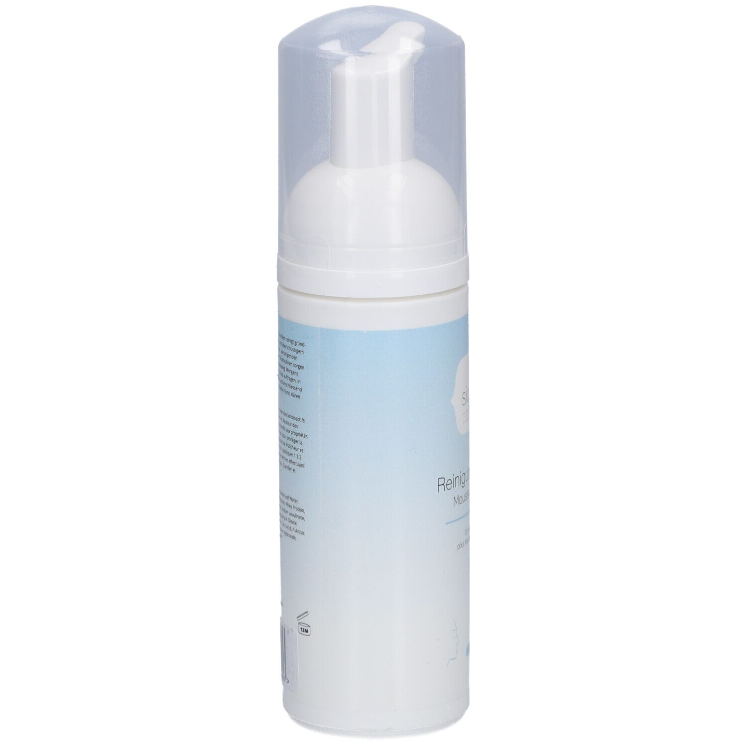 Flacon blanc avec pompe et bouchon transparent. Texte au dos. Bande bleue.