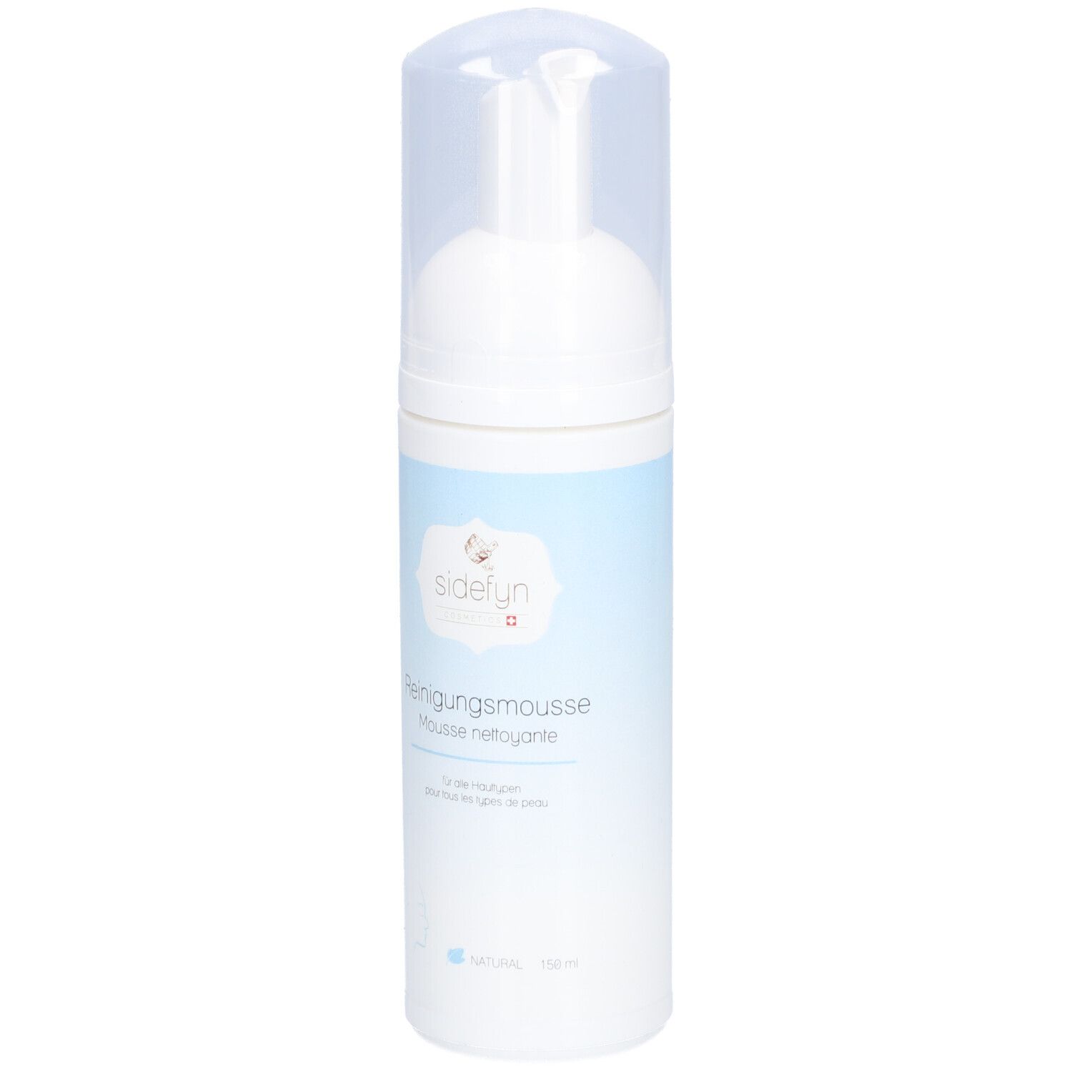Flacon blanc avec pompe et bouchon transparent. Inscription : SIDEFYN Mousse nettoyante. Bande bleue.