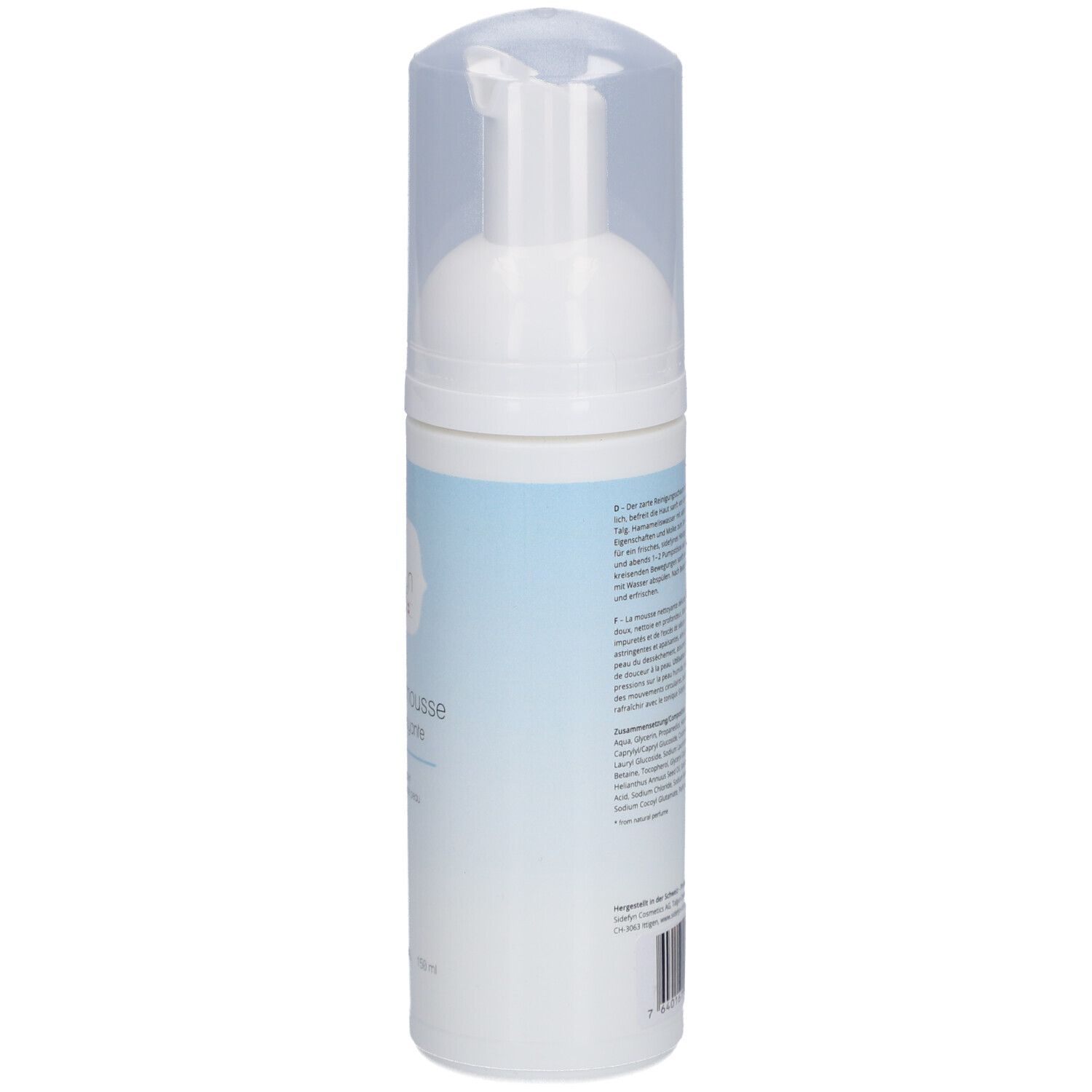 Flacon blanc avec pompe et bouchon transparent. Texte au dos. Bande bleue.