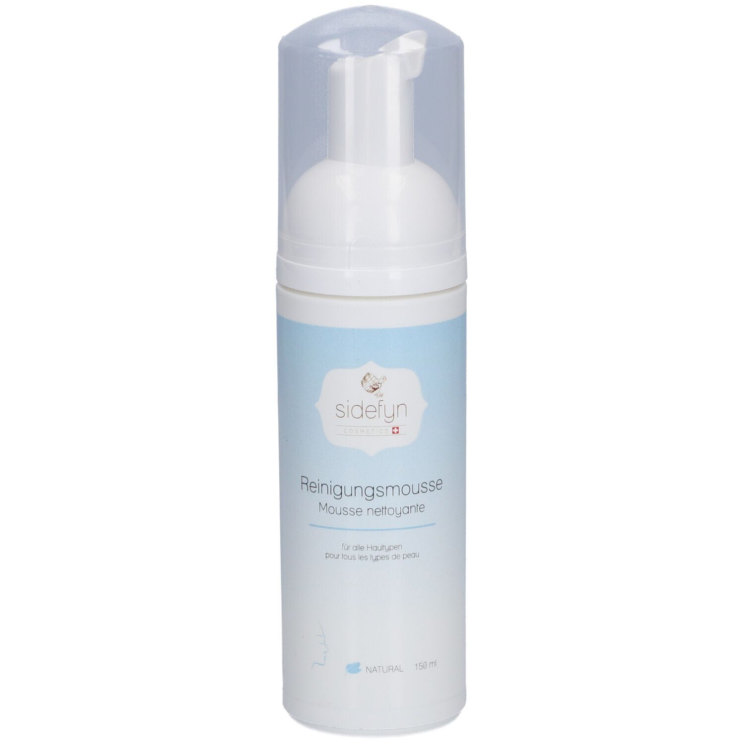 Flacon blanc avec pompe et bouchon transparent. Inscription : SIDEFYN Mousse nettoyante. Bande bleue.
