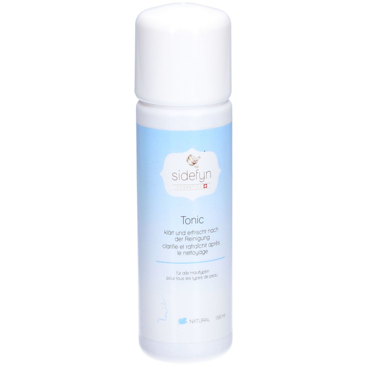 Flacon de Sidefyn Tonic. Bouchon blanc, bande bleue claire avec nom et logo du produit. Pour tous types de peau.