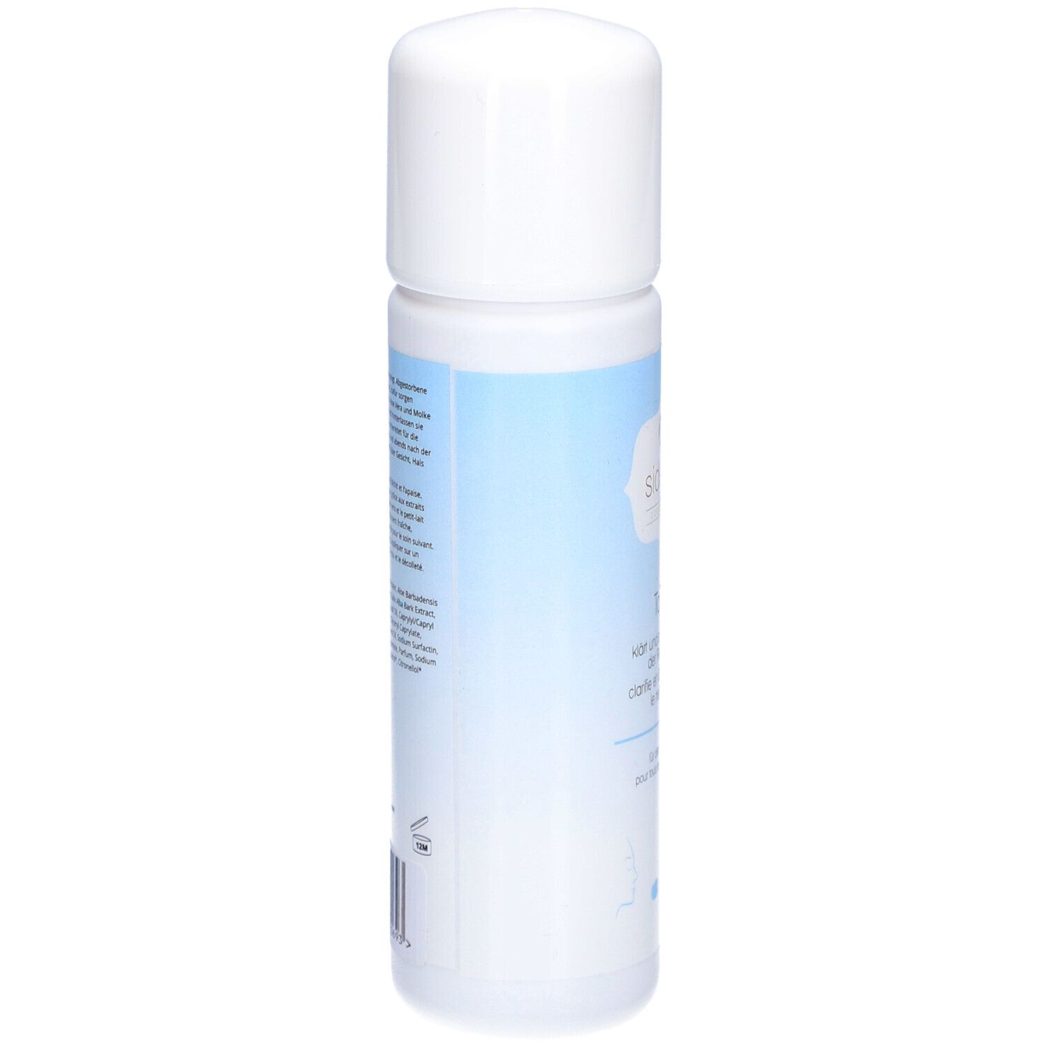 Flacon de Sidefyn Tonic. Dos avec texte. Bouchon blanc, bande bleue claire. Informations sur le produit.