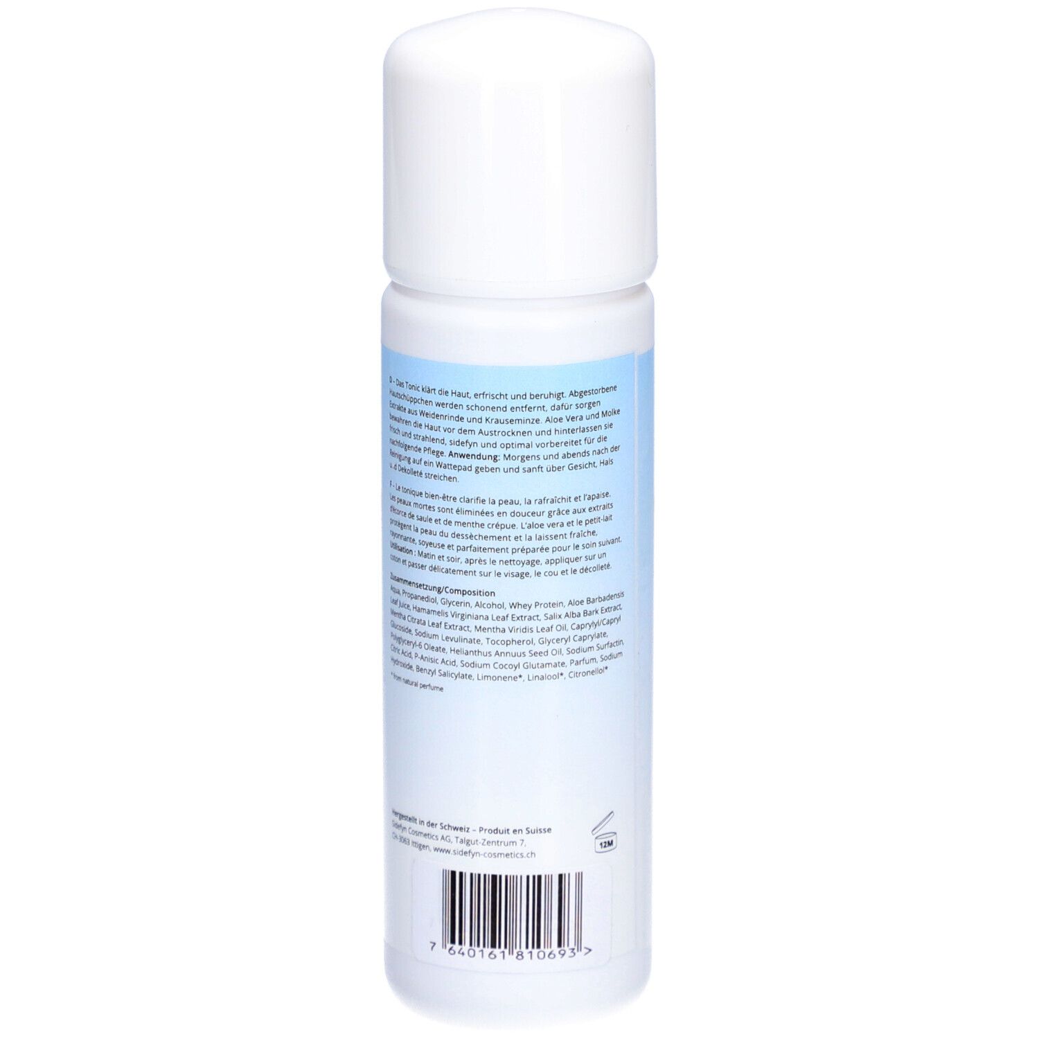 Flacon de Sidefyn Tonic. Dos avec texte. Bouchon blanc, bande bleue claire. Informations sur le produit.