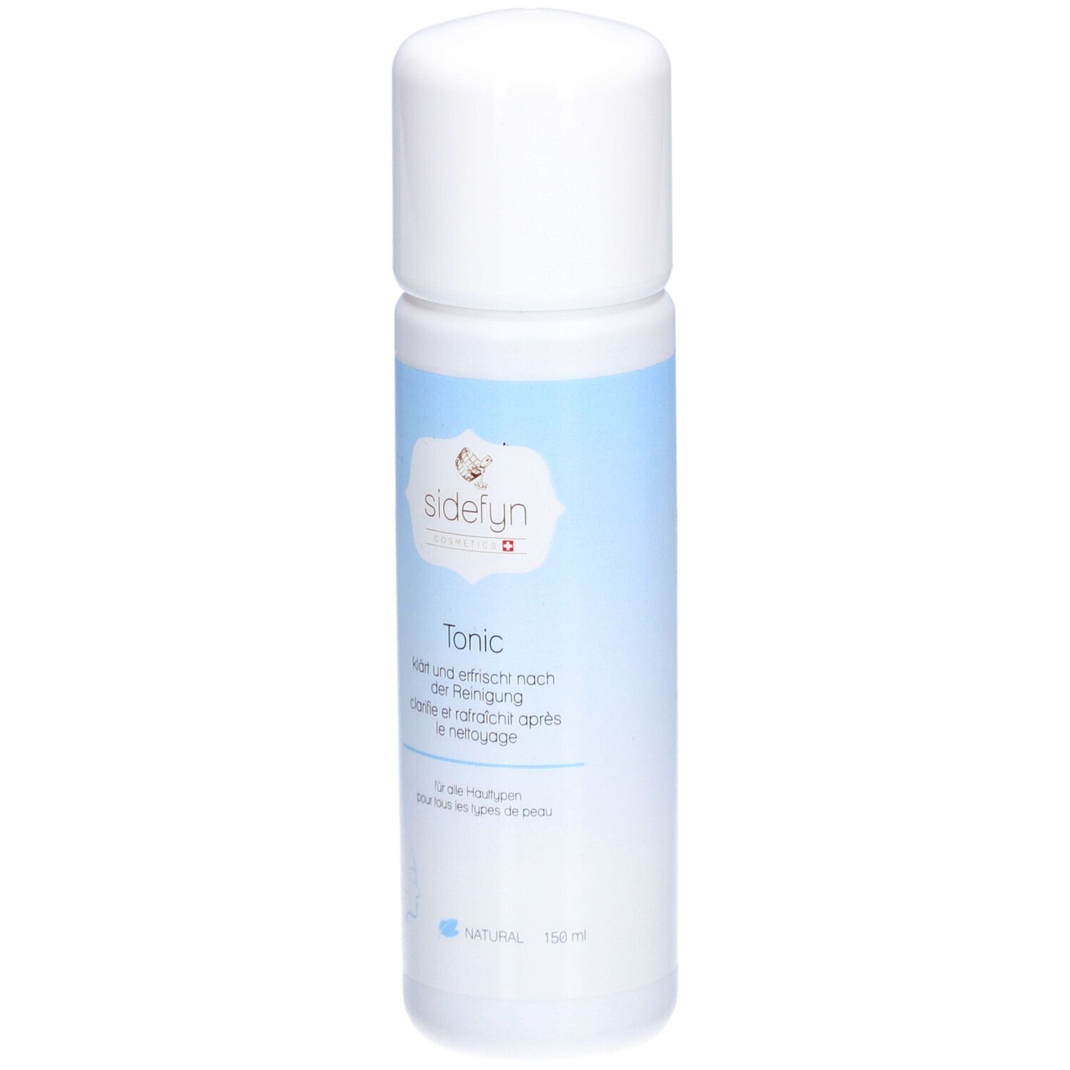 Flacon de Sidefyn Tonic. Bouchon blanc, bande bleue claire avec nom et logo du produit. Pour tous types de peau.