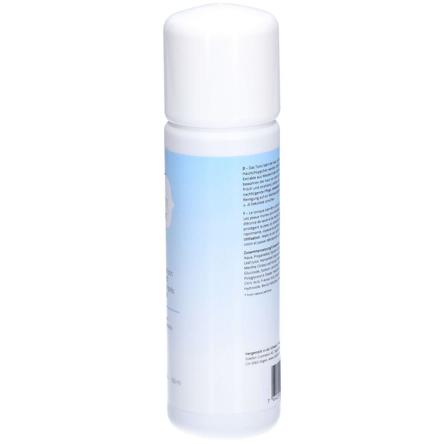 Flacon de Sidefyn Tonic. Dos avec texte. Bouchon blanc, bande bleue claire. Informations sur le produit.