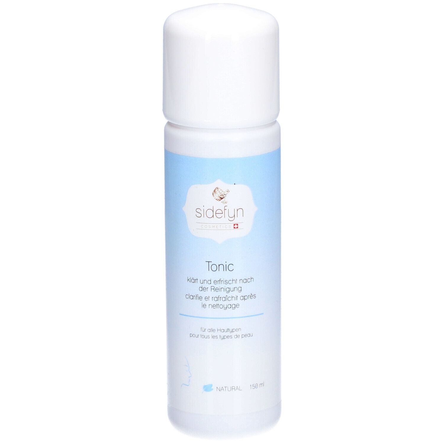 Flacon de Sidefyn Tonic. Bouchon blanc, bande bleue claire avec nom et logo du produit. Pour tous types de peau.