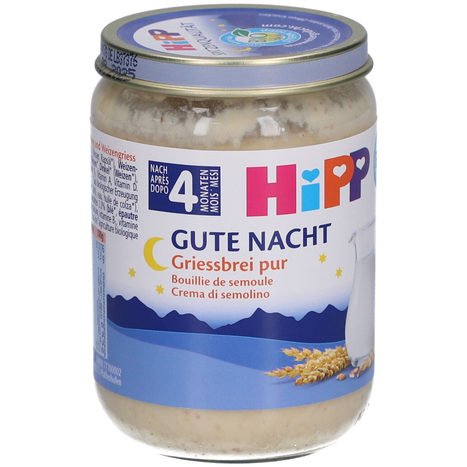 Pot de porridge. Inscription: HIPP Gute Nacht Griesbrei pur. Avec couvercle. Dès 4 mois.