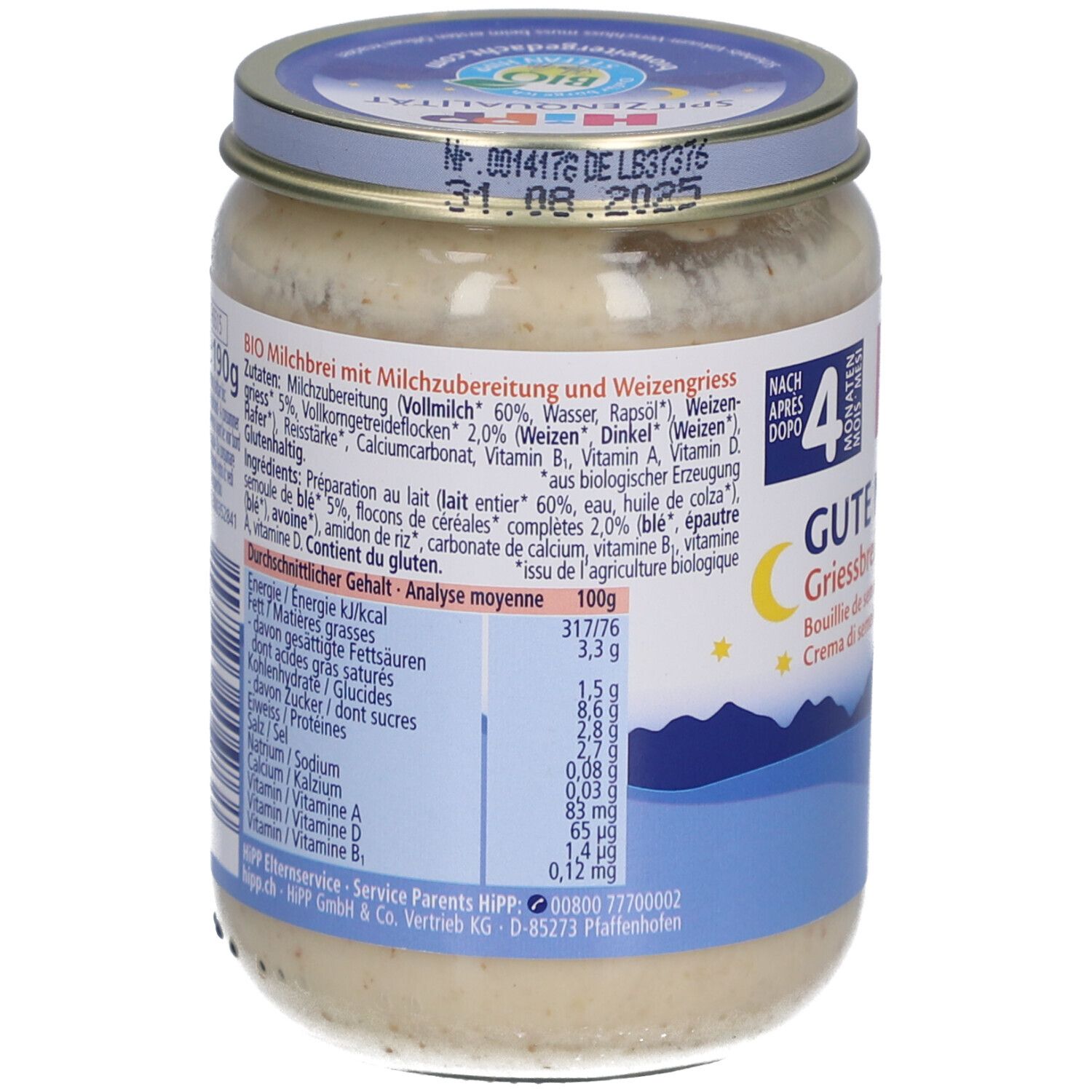 Dos du pot avec informations nutritionnelles et liste des ingrédients. Inscription: BIO Milchbrei mit Weizengriess.
