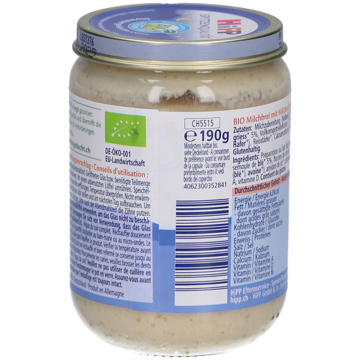 Dos du pot avec liste des ingrédients et informations nutritionnelles. Label bio. Inscription: BIO Milchbrei.