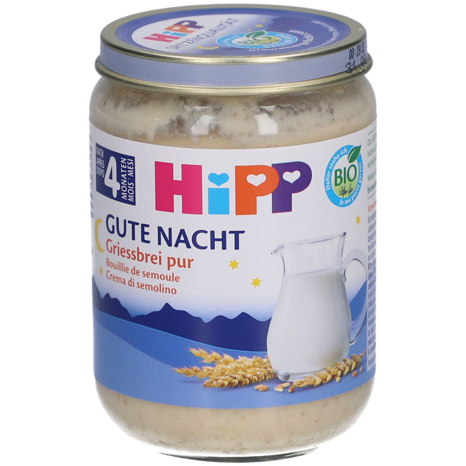Pot de porridge. Inscription: HIPP Gute Nacht Griesbrei pur. Avec couvercle. Label bio. Dès 4 mois.