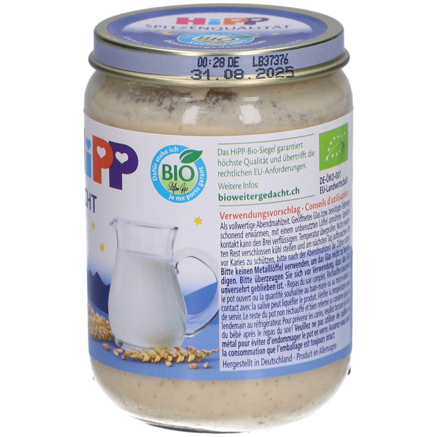 Pot de porridge. Inscription: HIPP Gute Nacht Griesbrei pur. Avec couvercle. Label bio. Dès 4 mois.