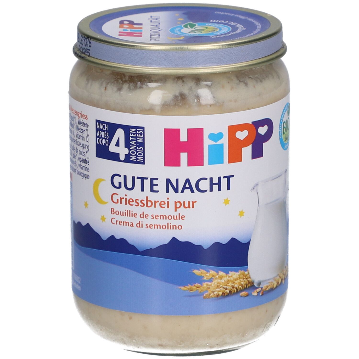 Pot de porridge. Inscription: HIPP Gute Nacht Griesbrei pur. Avec couvercle. Dès 4 mois.