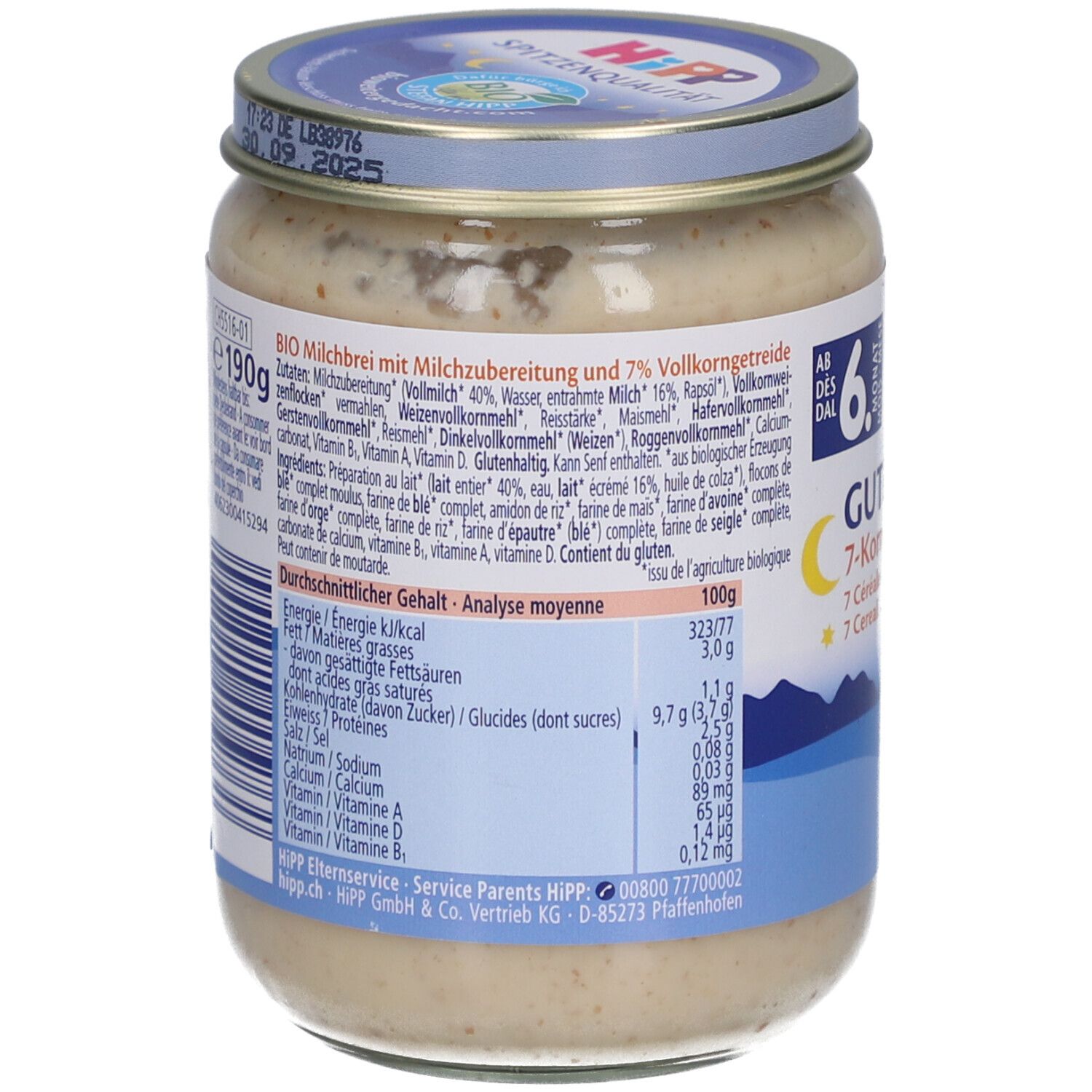 Dos du pot de purée pour bébé. Contient des informations nutritionnelles et une liste d'ingrédients. Label bio.