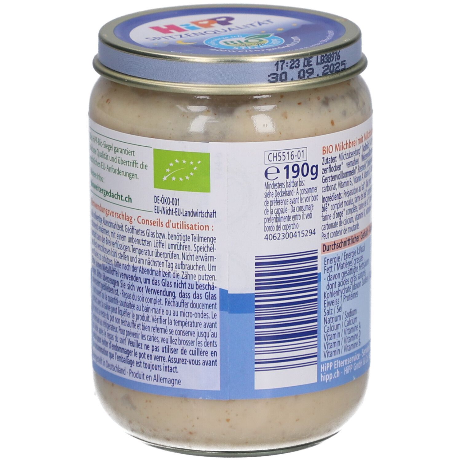 Pot de purée pour bébé. Label bio. Contient des informations d'utilisation et des ingrédients. Fabriqué en Allemagne.