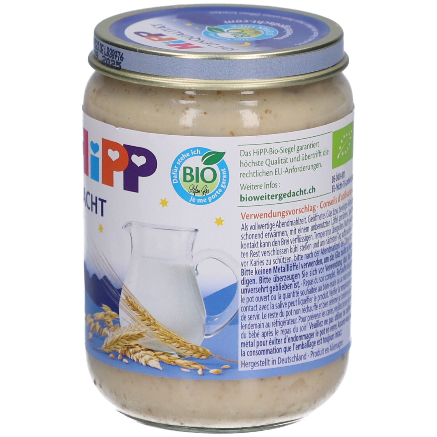 Pot de purée pour bébé. Label bio. Inscription: HIPP Gute Nacht. Avec pichet de lait et épi de blé. Fabriqué en Allemagne.