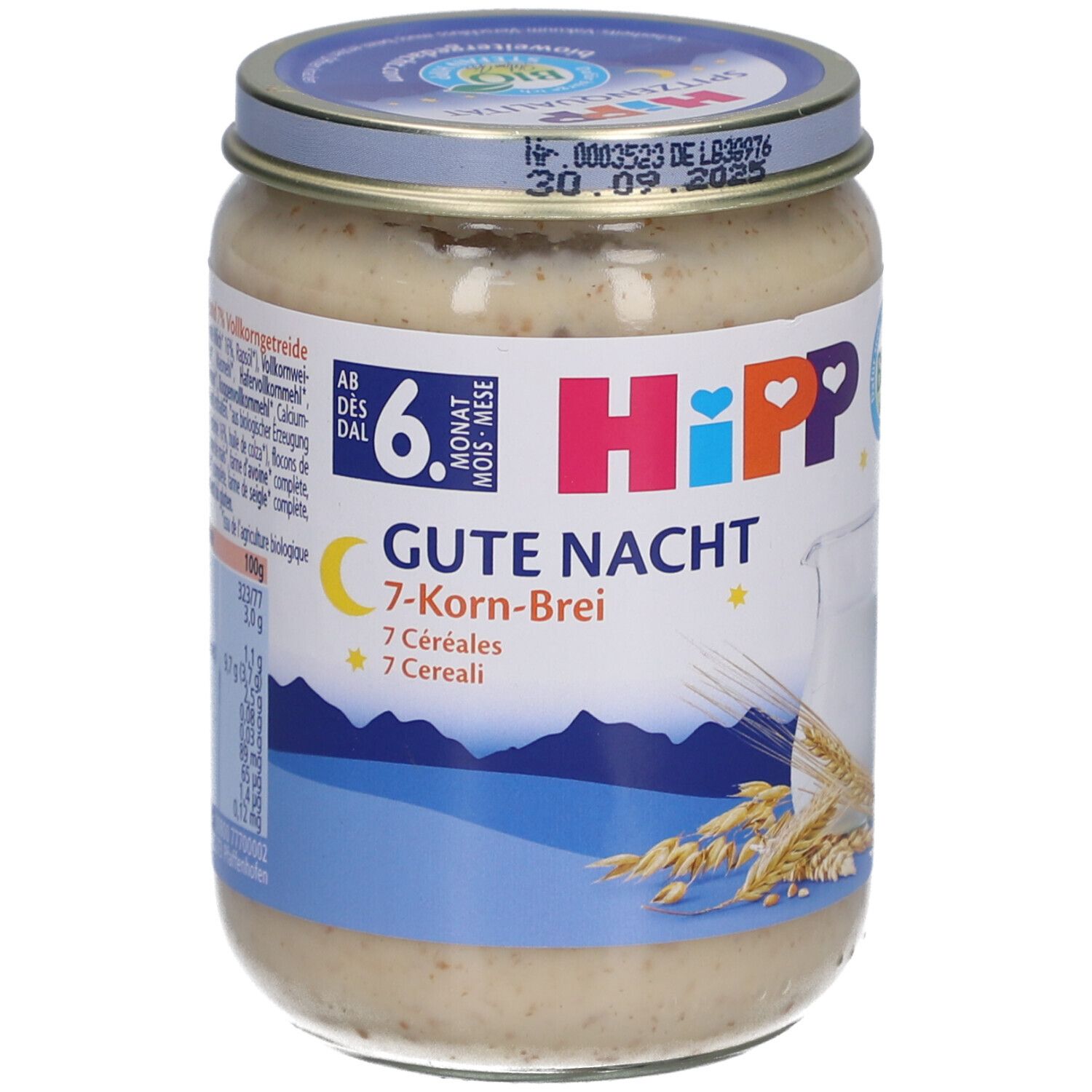 Pot de purée pour bébé. Inscription: HIPP Gute Nacht 7-Korn-Brei. Dès 6 mois. Illustration d'épis de céréales.