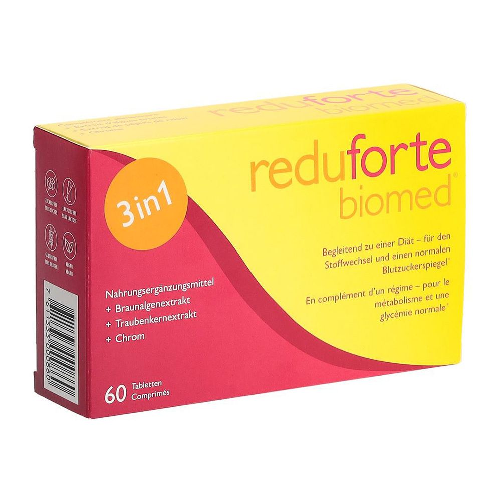 Boîte jaune et rouge avec logo "reduforte biomed". Contient 60 comprimés. Texte : "3 en 1".