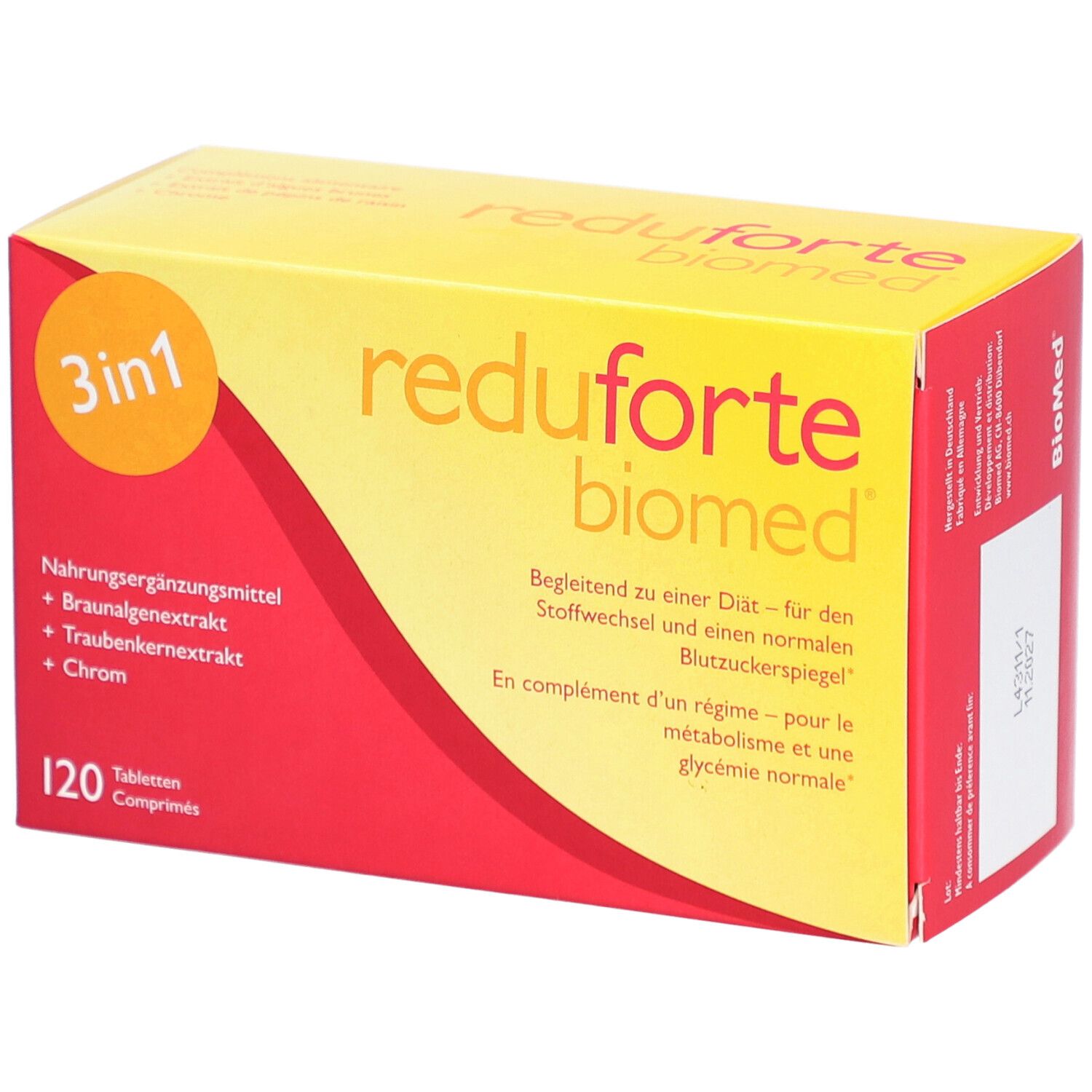 Boîte rouge et jaune "reduforte biomed" avec 120 comprimés. Formule 3 en 1.