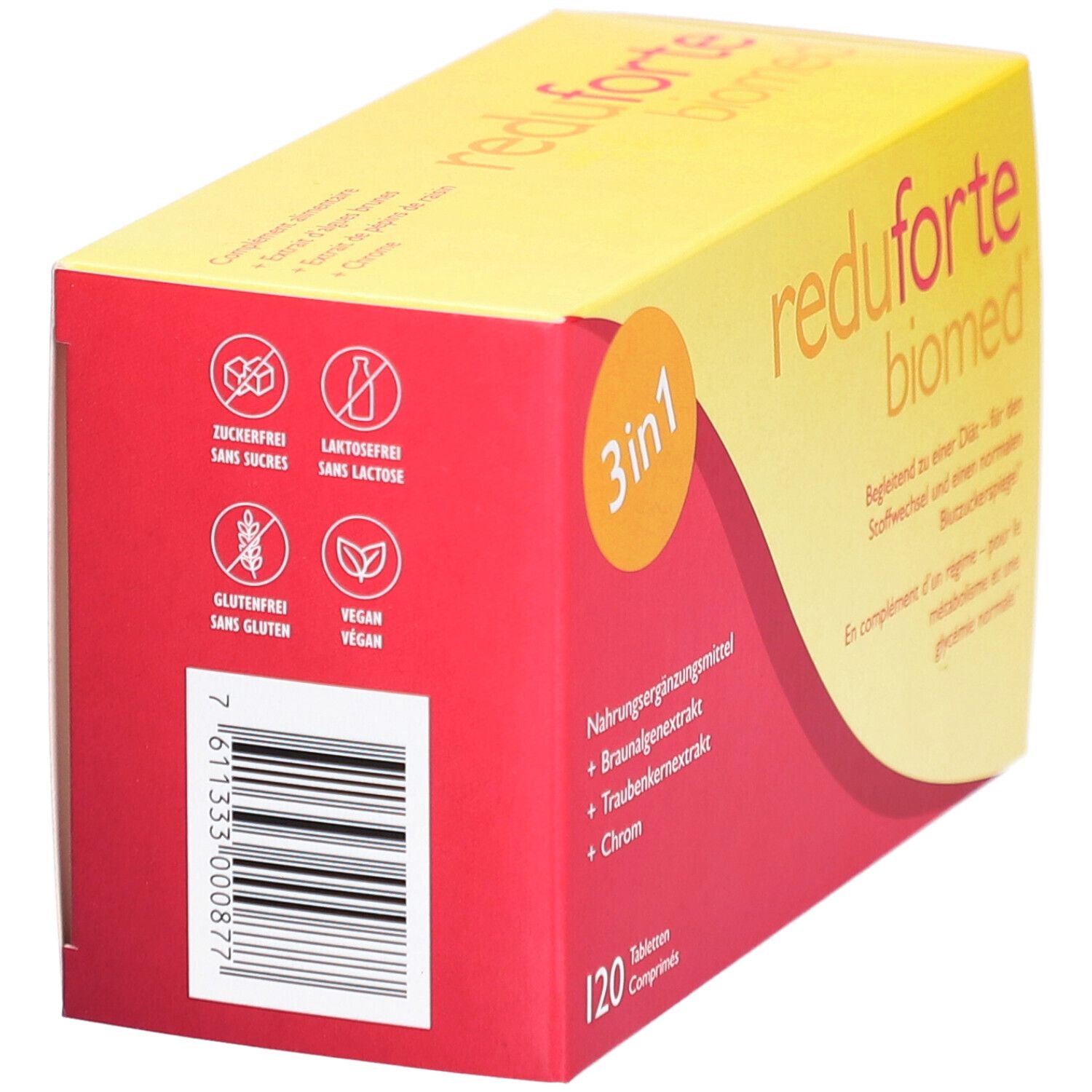 Boîte rouge et jaune "reduforte biomed". Dos avec symboles sans sucre, lactose, gluten, végétalien.