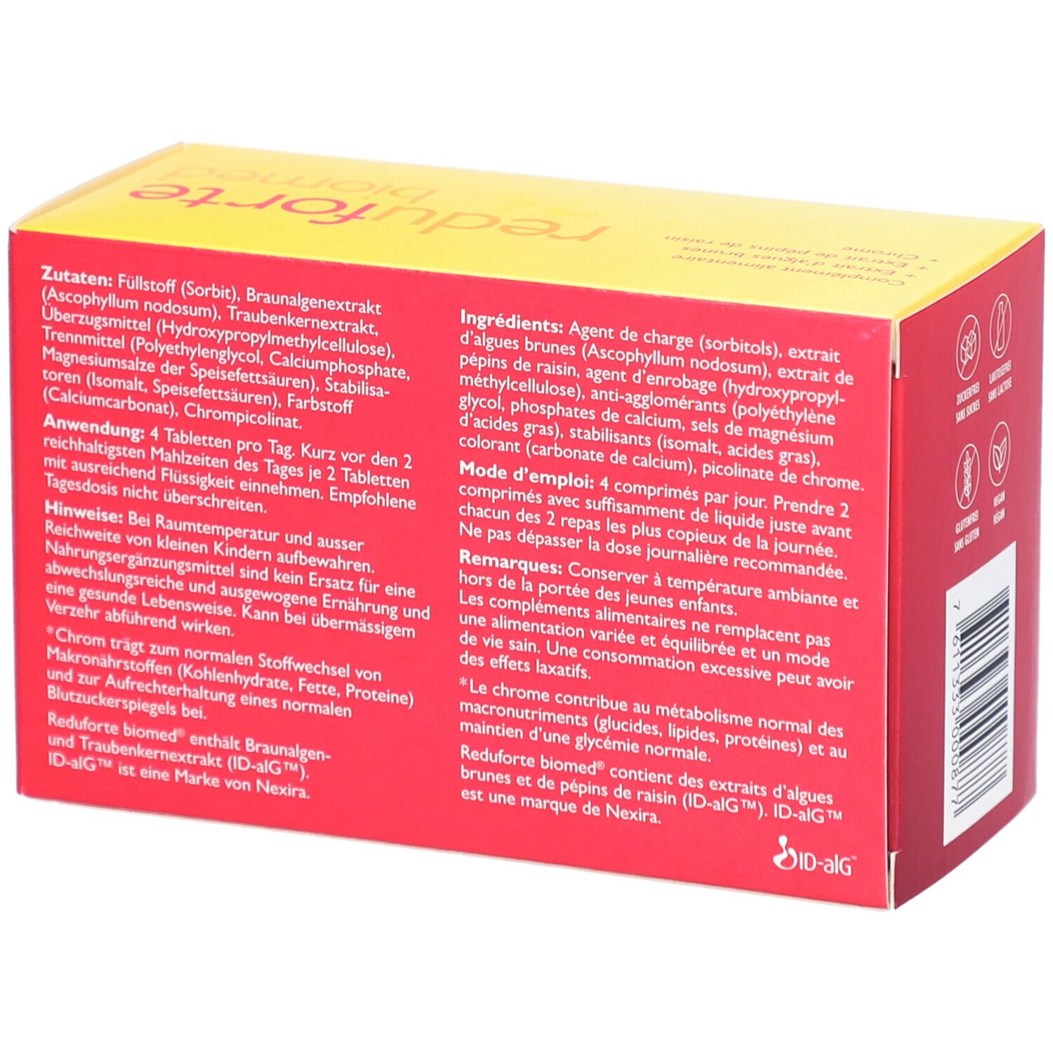 Boîte rouge et jaune "reduforte biomed". Dos avec ingrédients et instructions en allemand et français.