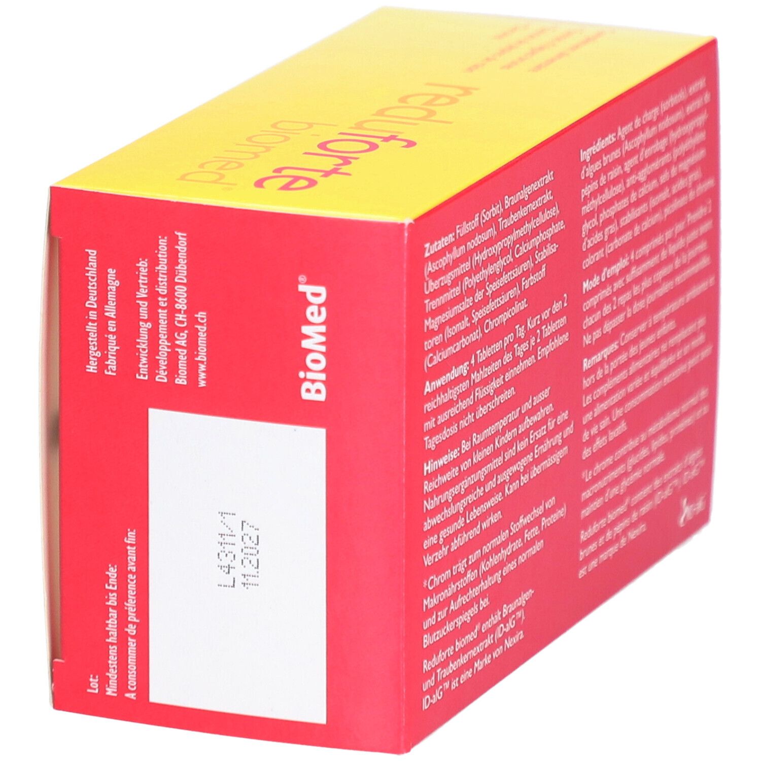 Boîte rouge et jaune "reduforte biomed". Côté avec informations fabricant et date de péremption.