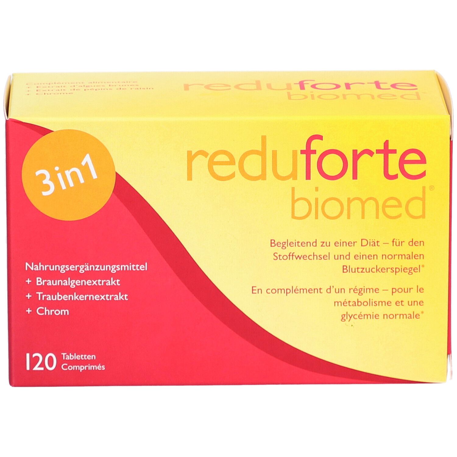 Boîte rouge et jaune "reduforte biomed" avec formule 3 en 1 et 120 comprimés. Texte en allemand et français.