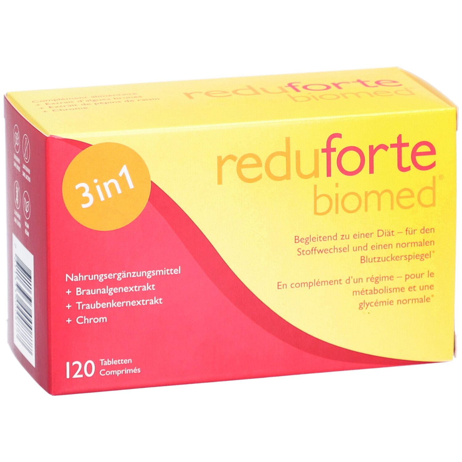 Boîte rouge et jaune "reduforte biomed" avec formule 3 en 1 et 120 comprimés. Texte en allemand et français.