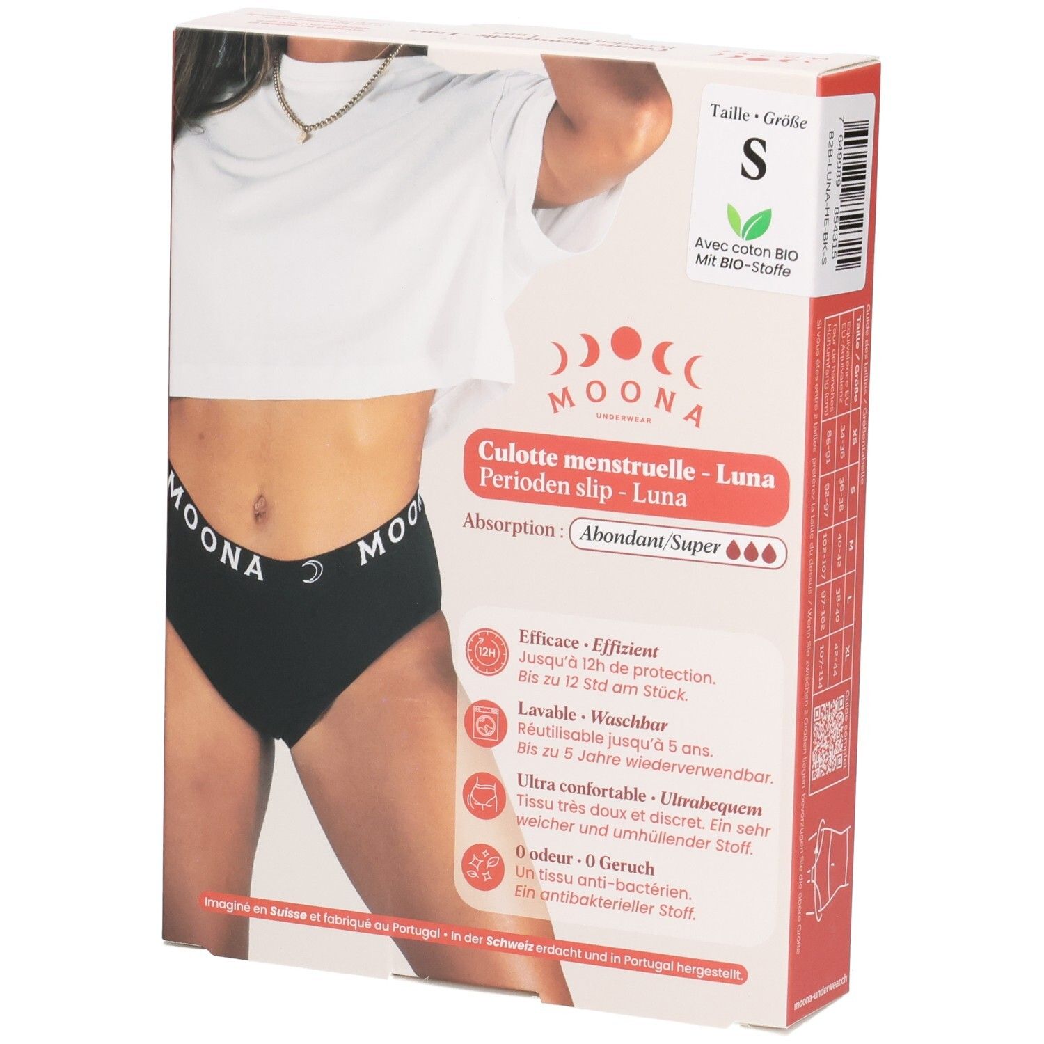 Emballage d'une culotte menstruelle noire, taille S, absorption forte.