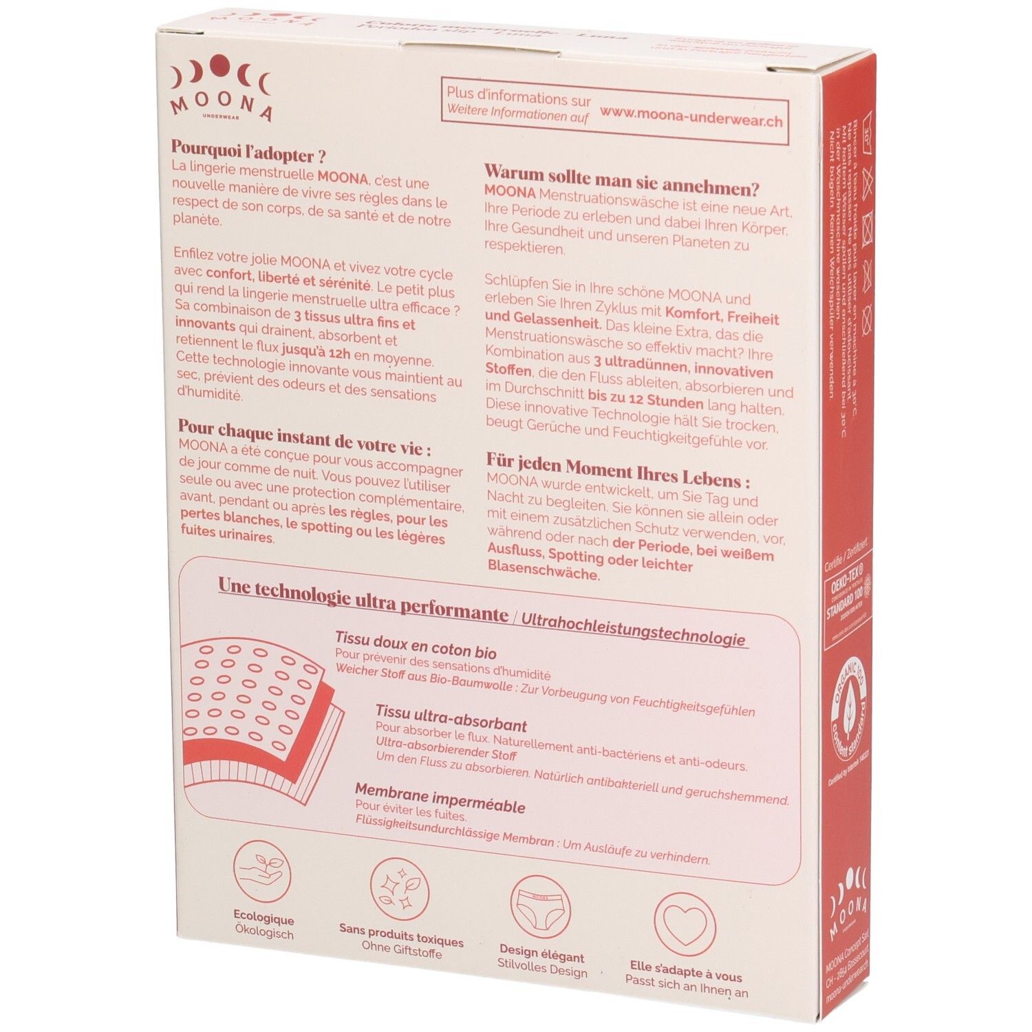 Vue détaillée de l'emballage avec informations sur la technologie textile et l'écologie.