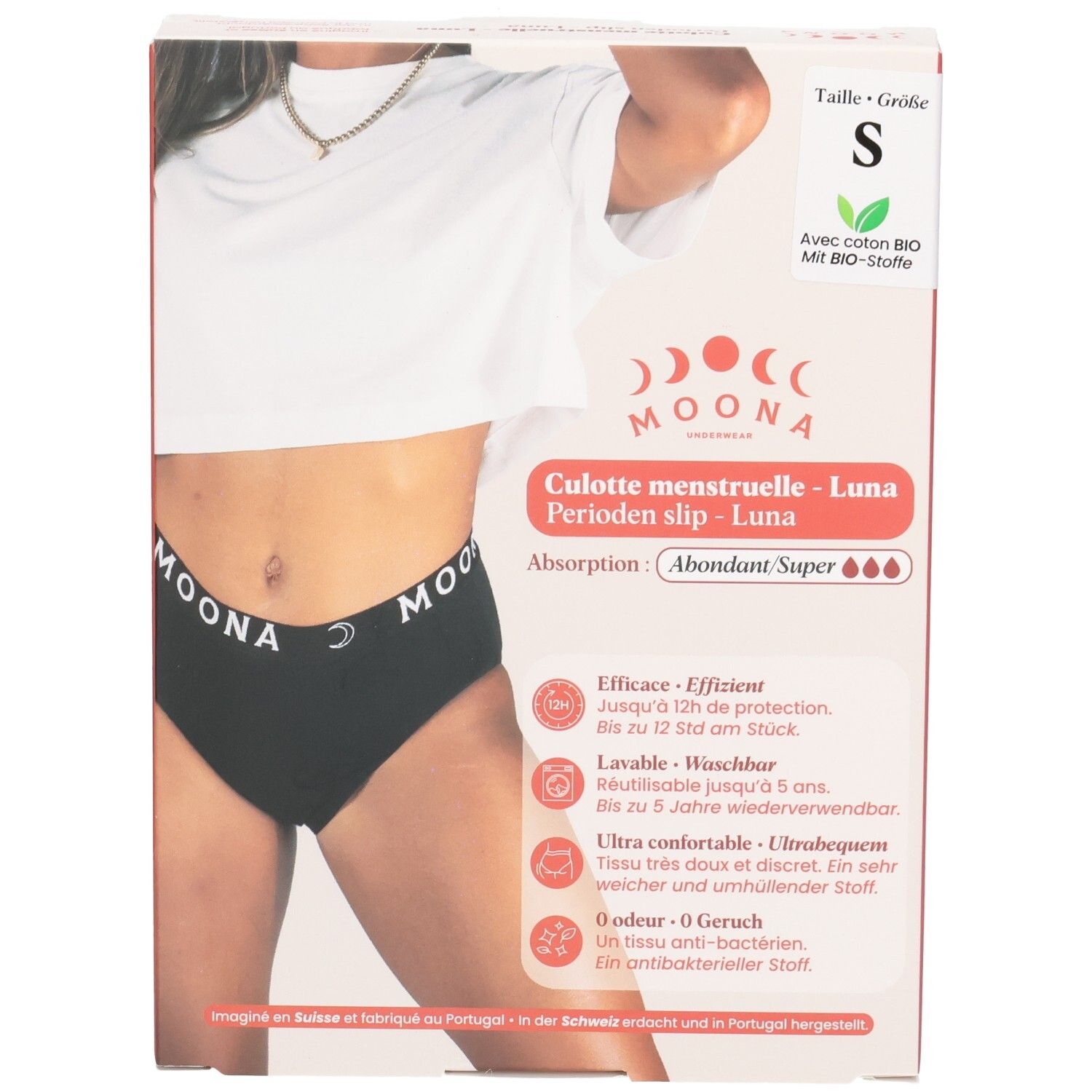 Face avant de l'emballage d'une culotte menstruelle noire, taille S, absorption forte.