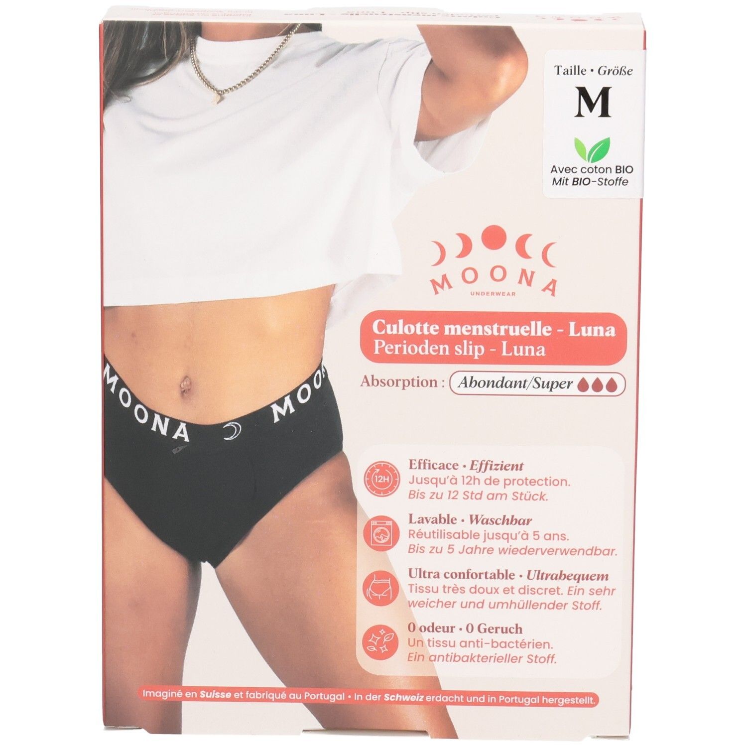 Boîte avec slip noir. Taille M. Marque : MOONA. Texte : Culotte menstruelle - Luna, Perioden slip - Luna. Coton bio.