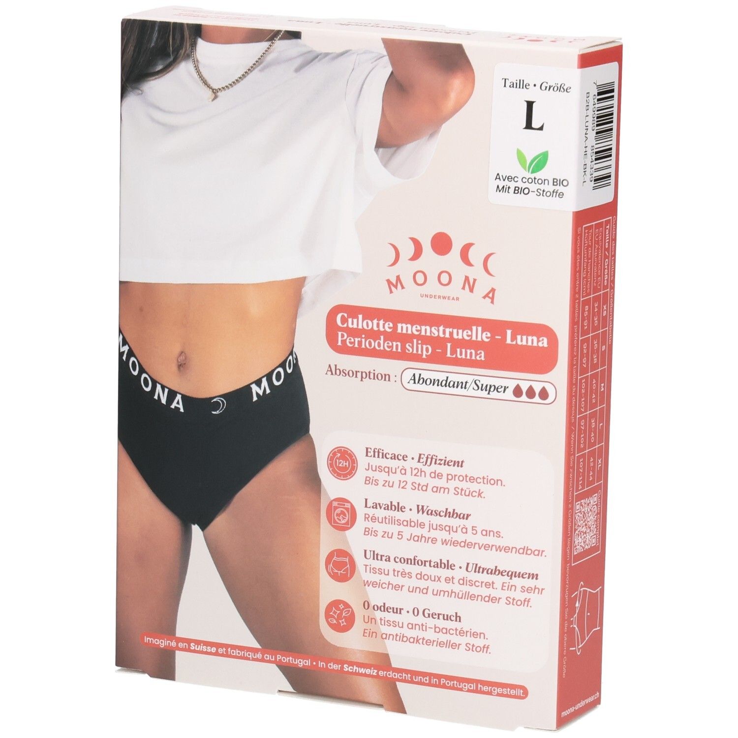 Boîte avec culotte menstruelle MOONA Luna noire, taille L. Inscriptions : marque, nom du produit, taille, absorption, coton bio.