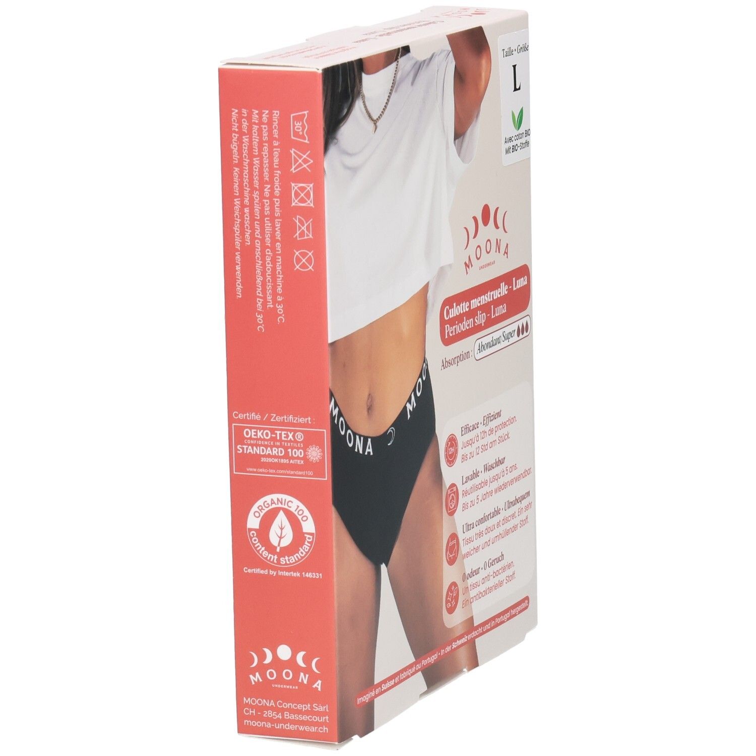 Boîte avec culotte menstruelle MOONA Luna noire, taille L. Certification Oeko-Tex. Inscriptions : marque, nom, taille, coton bio.