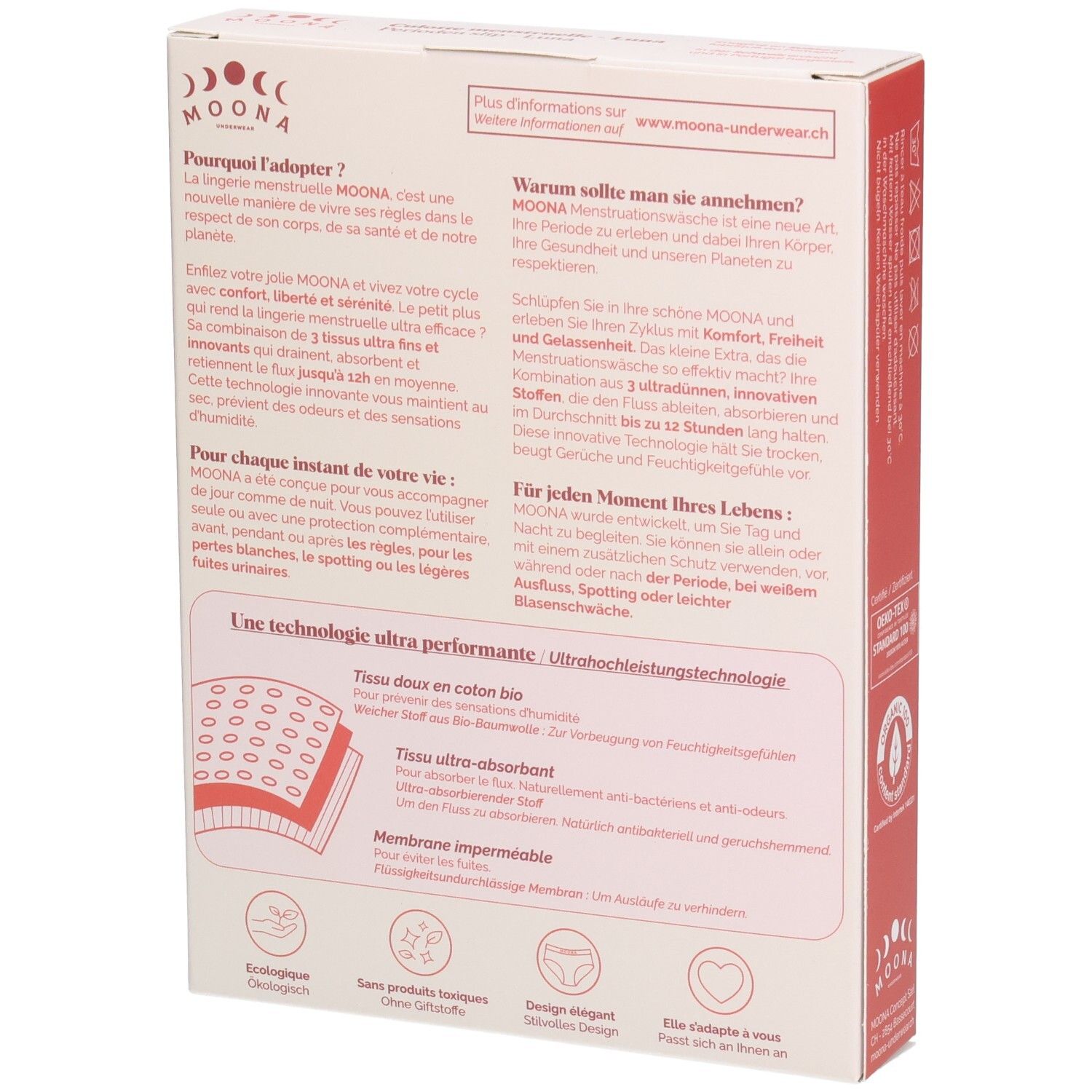Dos de la boîte avec informations sur la culotte menstruelle MOONA Luna. Texte en allemand et français. Illustrations.