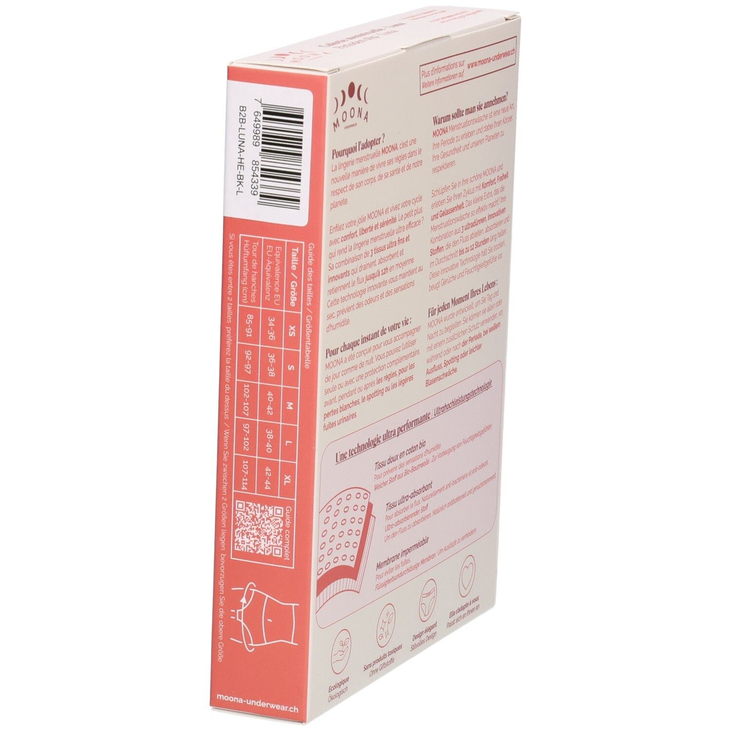 Vue latérale de la boîte avec informations sur la culotte menstruelle MOONA Luna. Indications de taille. Code QR.