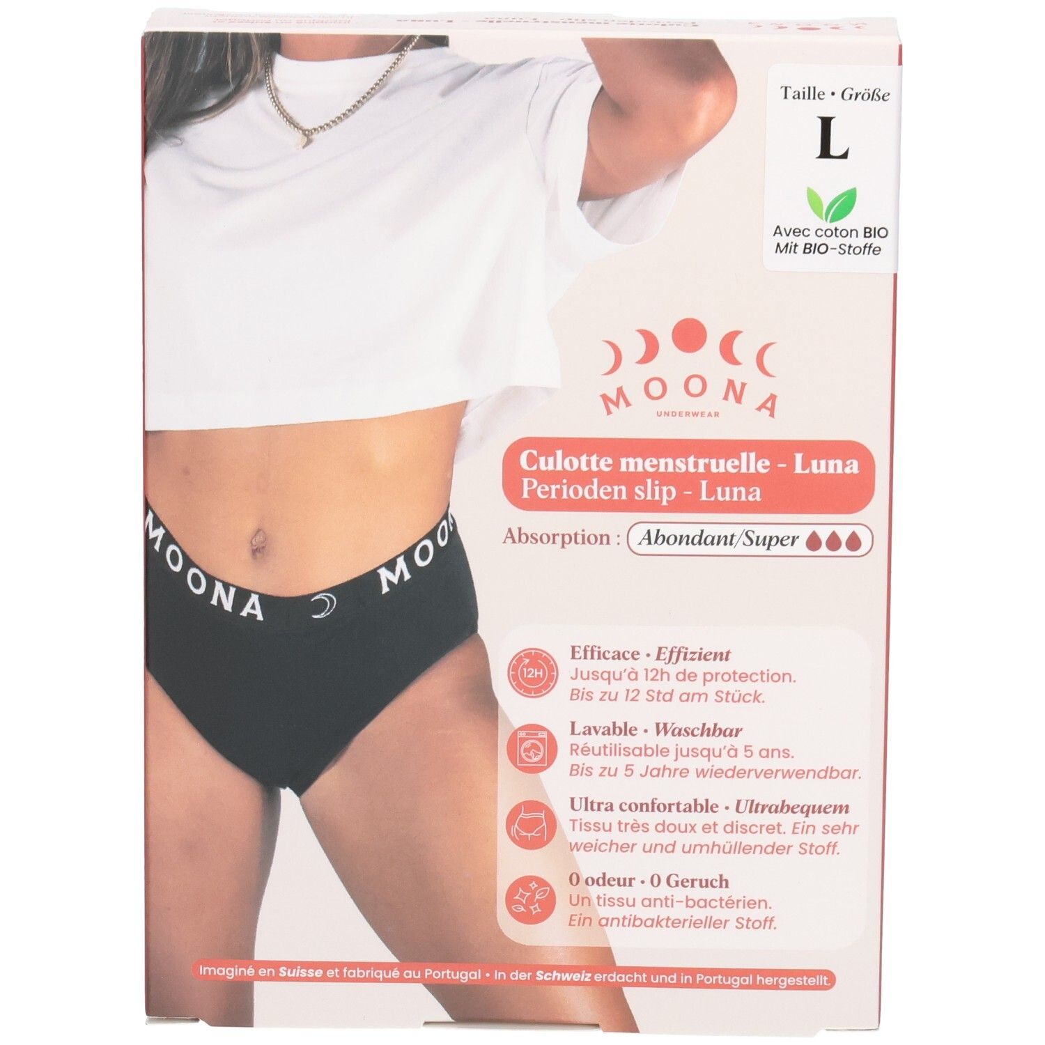 Boîte avec culotte menstruelle MOONA Luna noire, taille L. Inscriptions : marque, nom du produit, taille, absorption, coton bio.