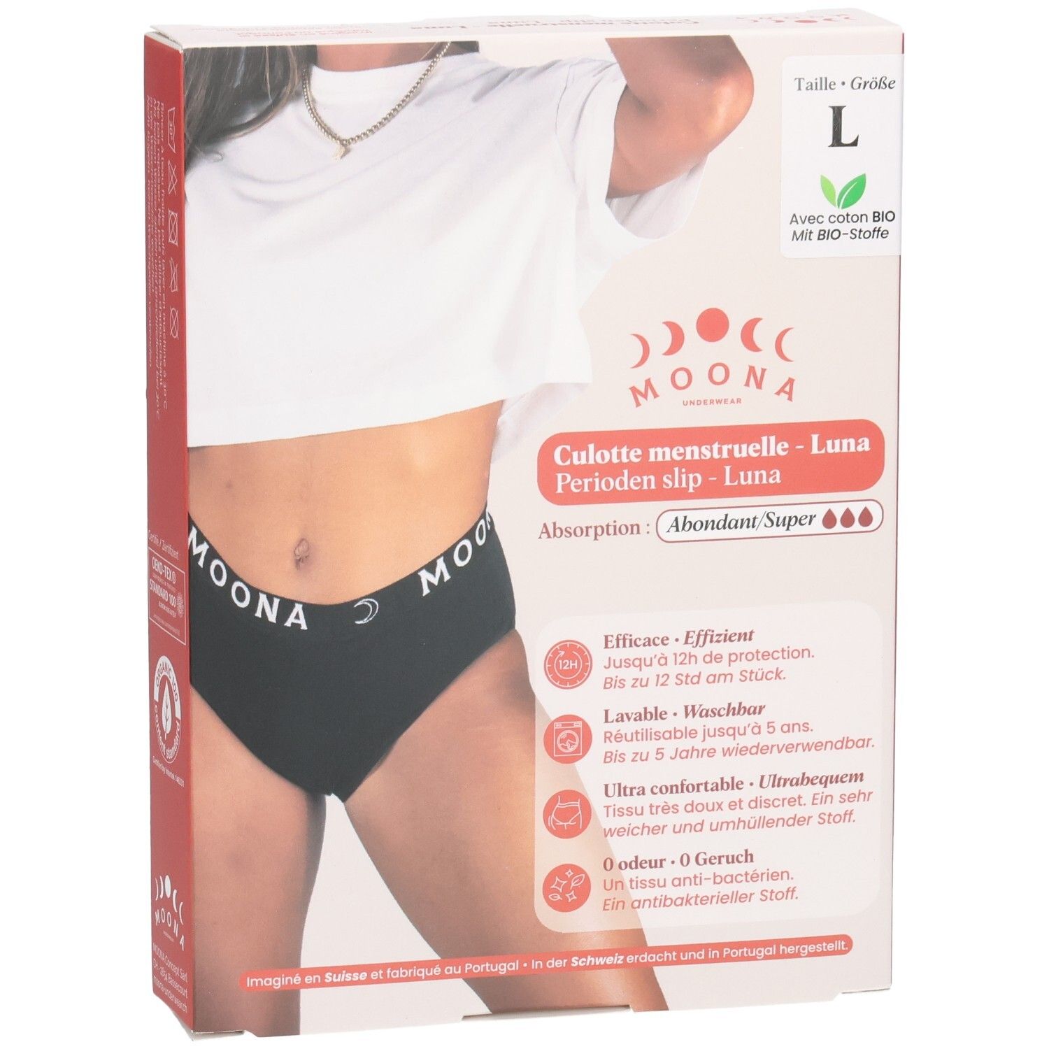 Boîte avec culotte menstruelle MOONA Luna noire, taille L. Inscriptions : marque, nom du produit, taille, absorption, coton bio.