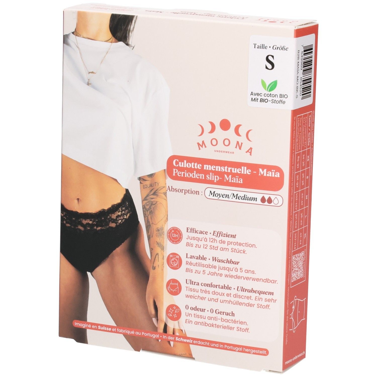 Emballage du slip menstruel MOONA Maïa, taille S. Slip noir visible. Texte: Flux moyen. Informations sur le produit.