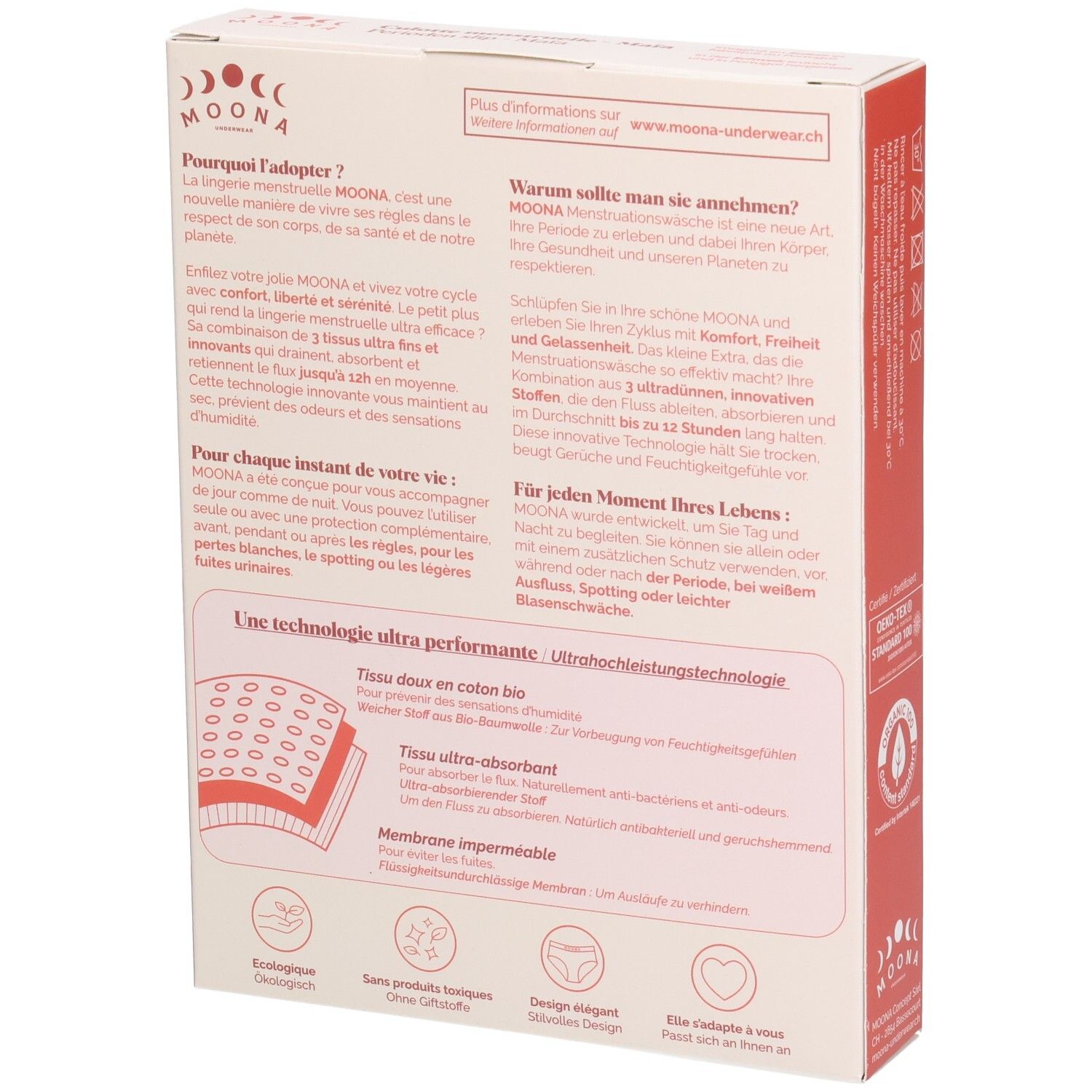 Emballage du slip menstruel MOONA Maïa. Vue arrière. Textes: Informations produit, avantages, technologie.