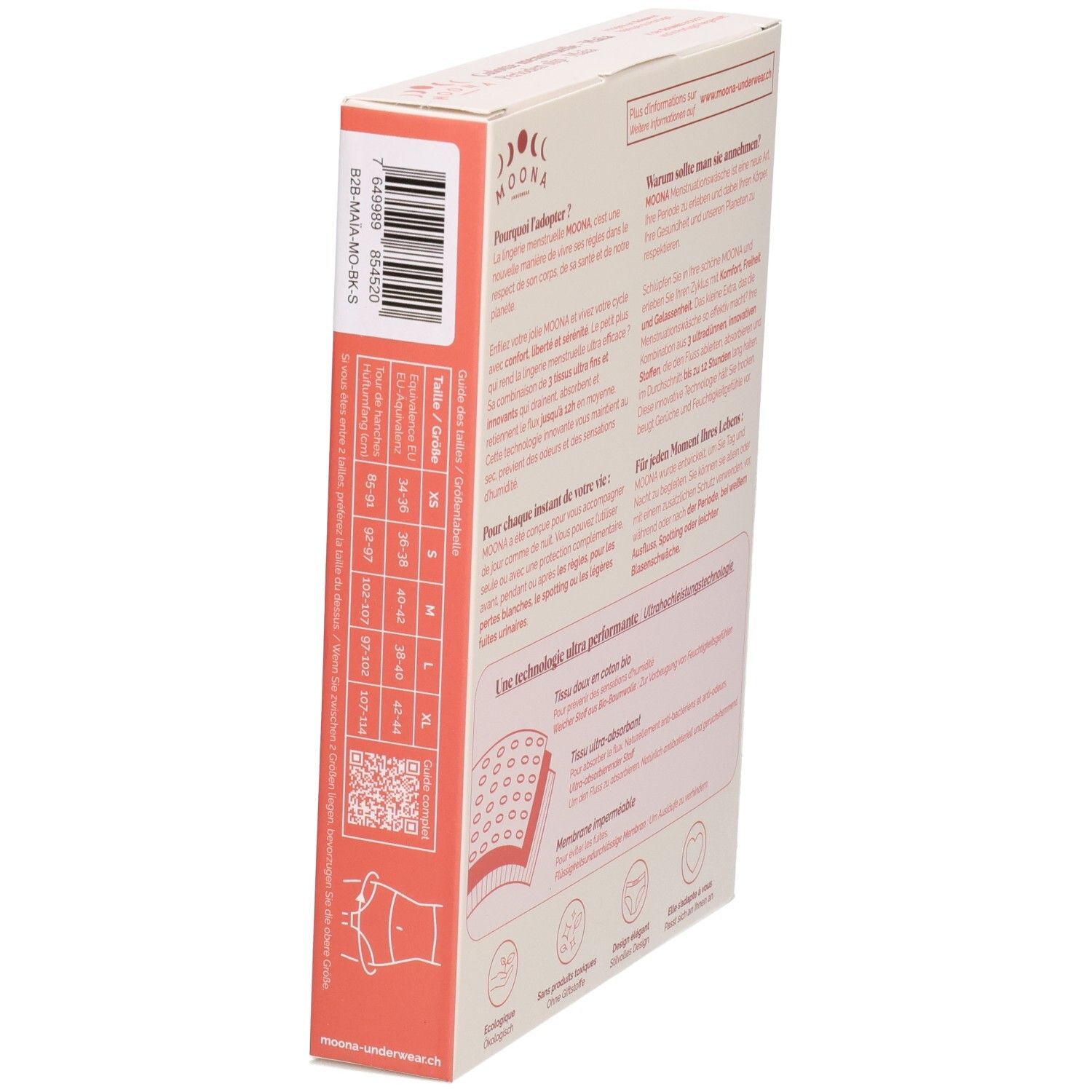 Emballage du slip menstruel MOONA Maïa. Vue latérale. Tableau des tailles. Textes: Mesures, tailles.