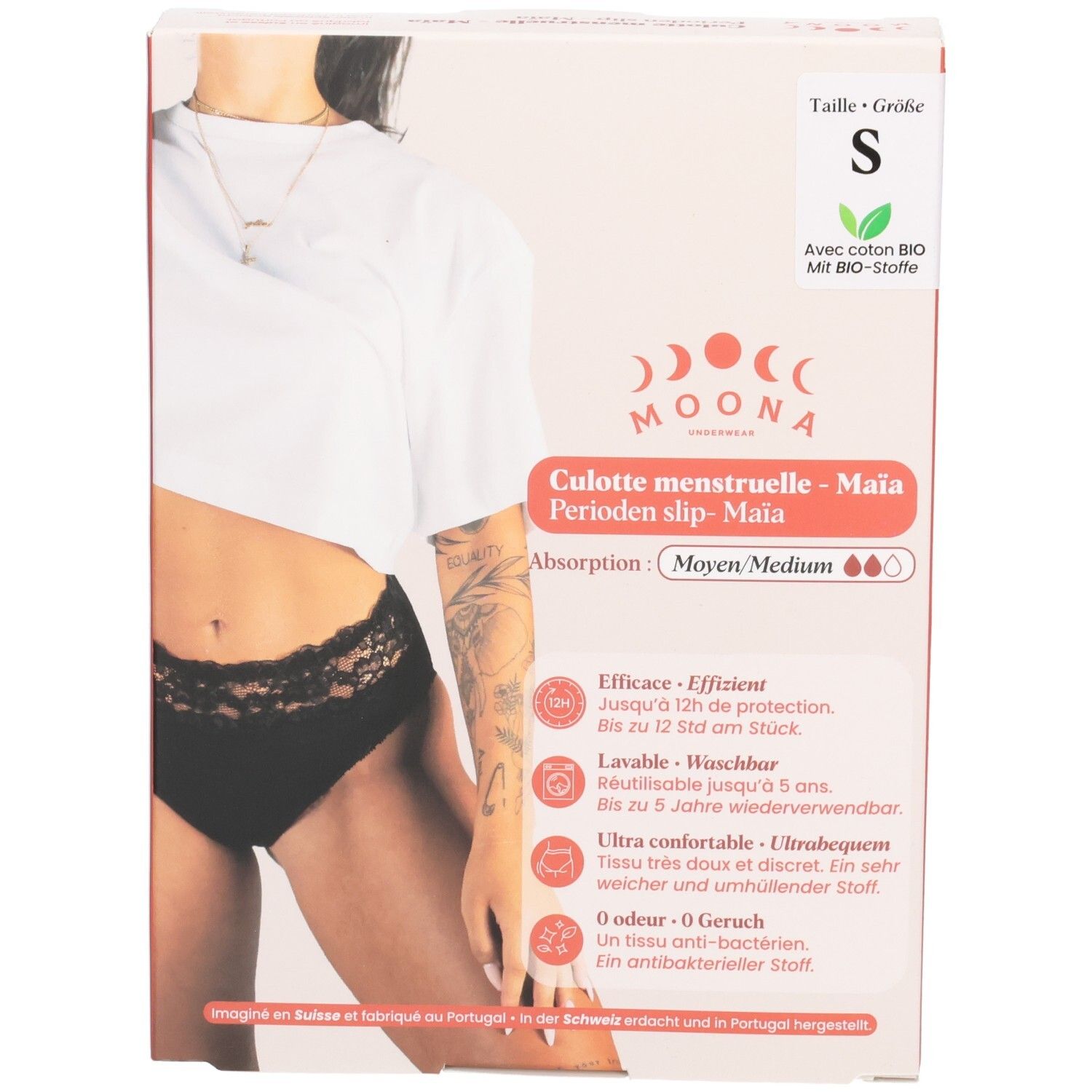 Emballage du slip menstruel MOONA Maïa, taille S. Slip noir visible. Texte: Flux moyen. Informations sur le produit.