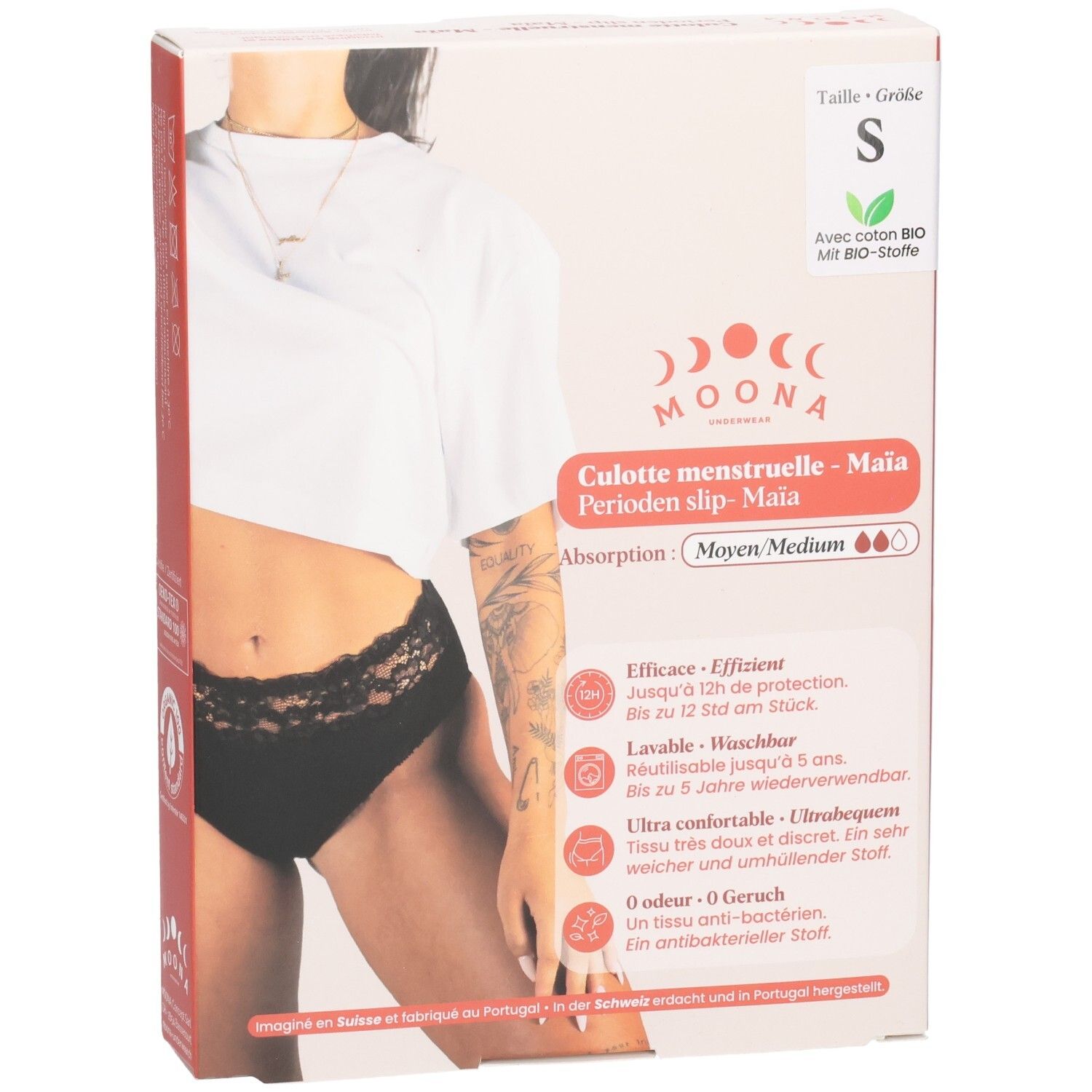 Emballage du slip menstruel MOONA Maïa, taille S. Slip noir visible. Texte: Flux moyen. Informations sur le produit.