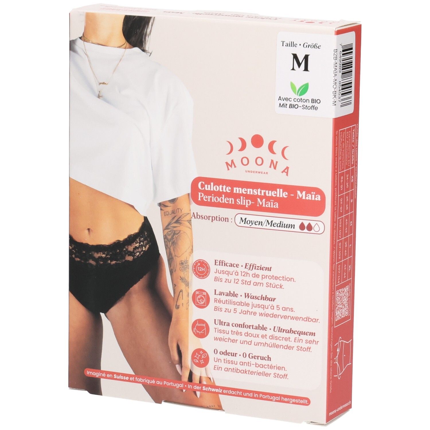 Emballage du slip menstruel MOONA Maïa, taille M. Slip noir avec dentelle. Inscriptions : marque, nom du produit, caractéristiques.