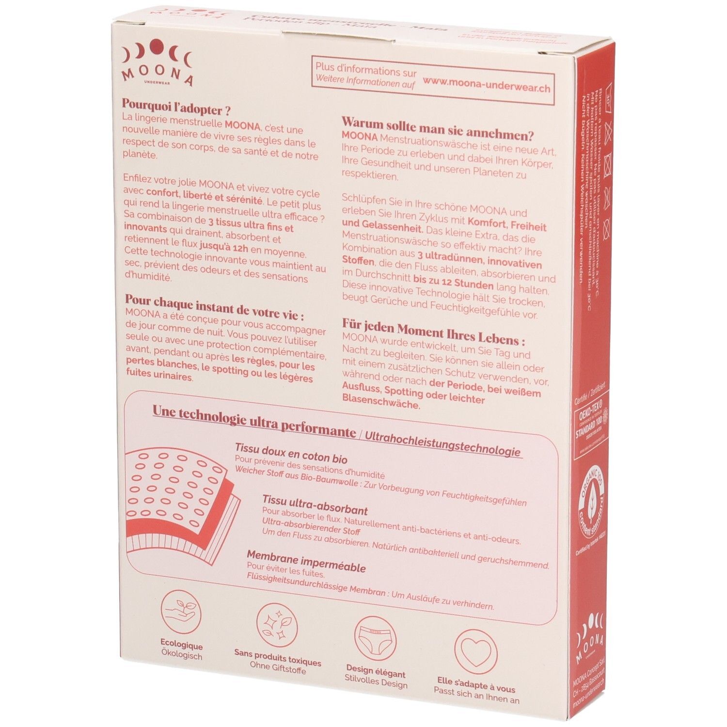 Dos de l'emballage du slip menstruel MOONA Maïa. Texte : informations produit, avantages, technologie. Illustration : couches de tissu.